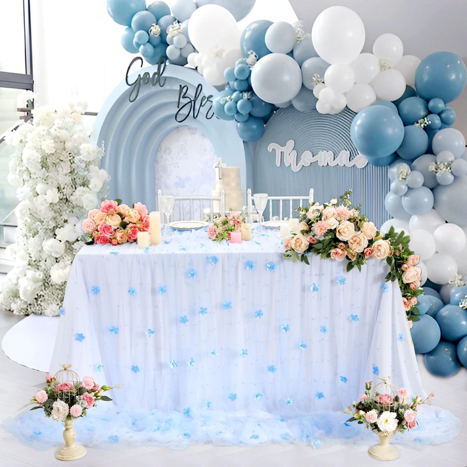 Amazon.com: LuoluoHouse Tulle Baby Blue Tablecloth: 10ft Flower