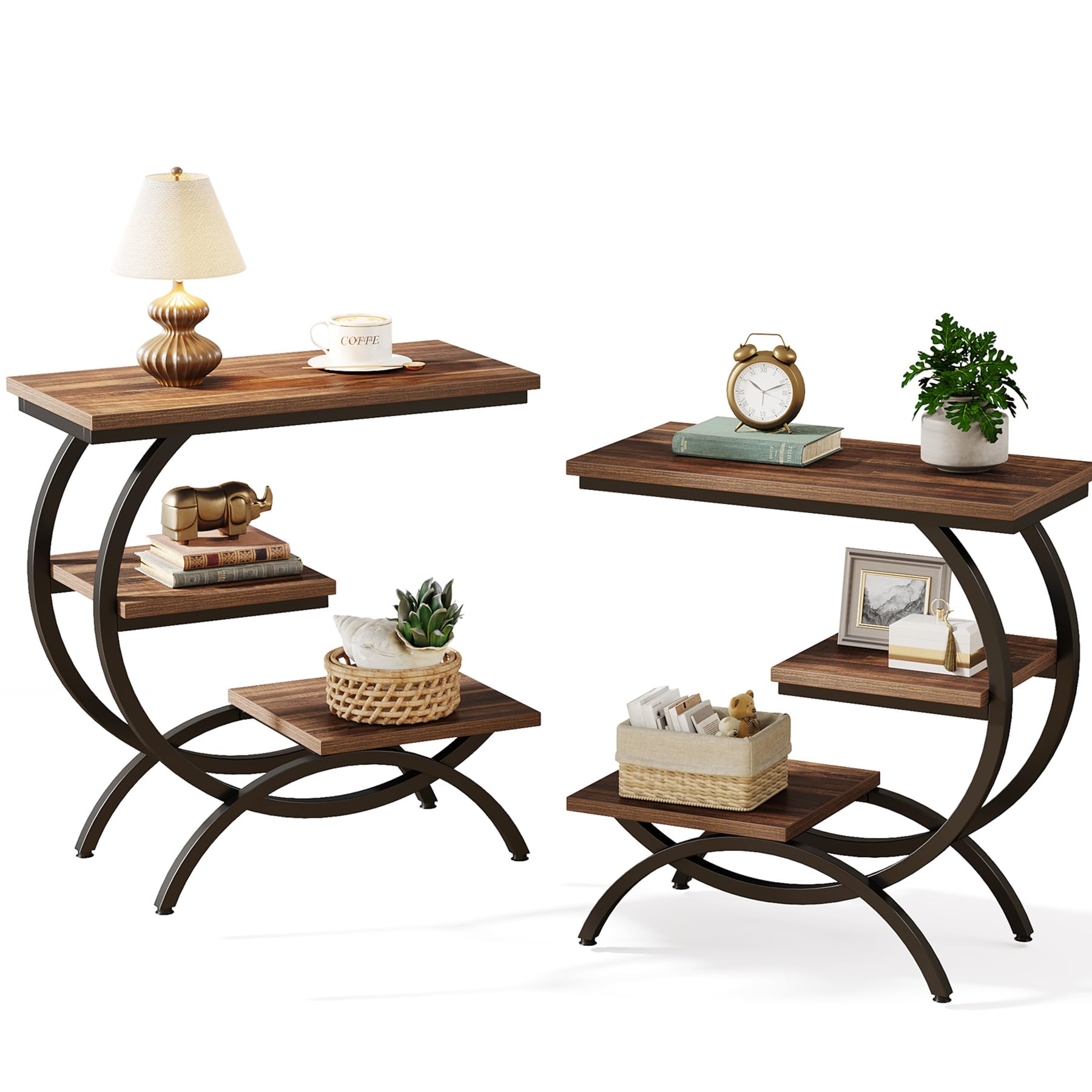 Tribesigns C-Shaped End Table Set of 2, Industrial 3-Tier Small Side Table for Couch, Wood Bedside Table Snack Side Table with Storage Shelves for