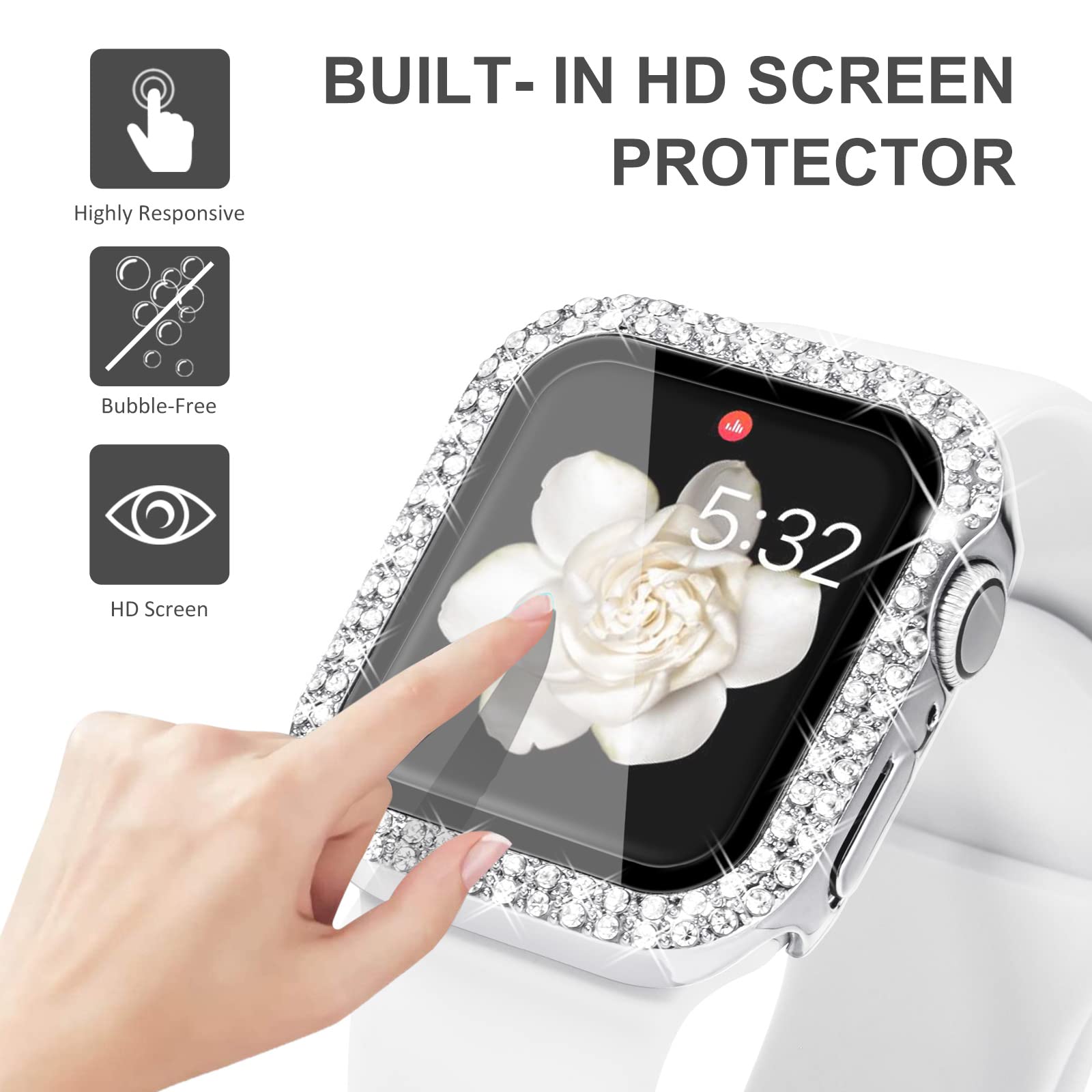 NewWays 2 Pack Compatible with Apple Watch Case 40mm Built-in Screen Protector,Women Diamond Bling Cases for iWatch Series SE(2025-2020) 6 5 4,Silver/Clear — view 3