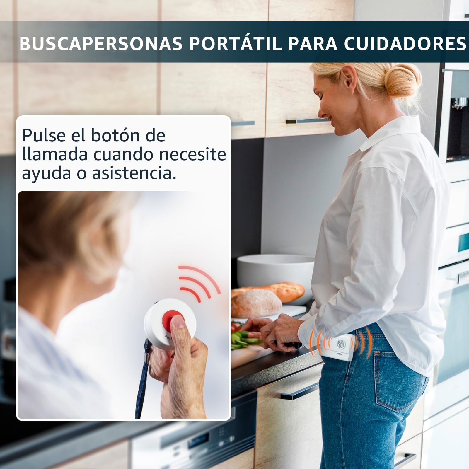 2 Buscapersonas Cuidador con 3 Botones de Llamada inalámbricos | Sistema inalámbrico para personas mayores, pacientes y cuidadores con varios puntos de llamada