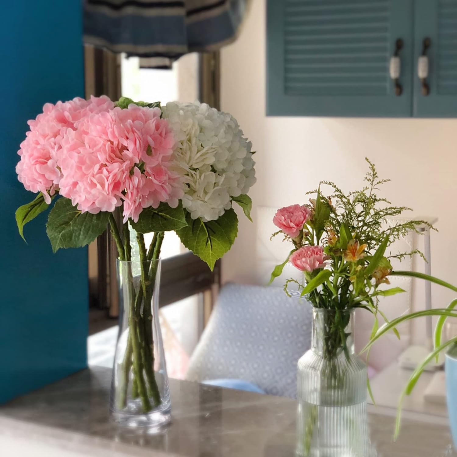 RUZUQE 4 Pcs Hydrangea Artificial Flower 2 White + 2 Pink 21'' Long Stem Lifelike Real Touch YalzoneMet Hydrangea Latex for Home Kitchen Decoration Bridal Bouquet Wedding Outdoor Decor