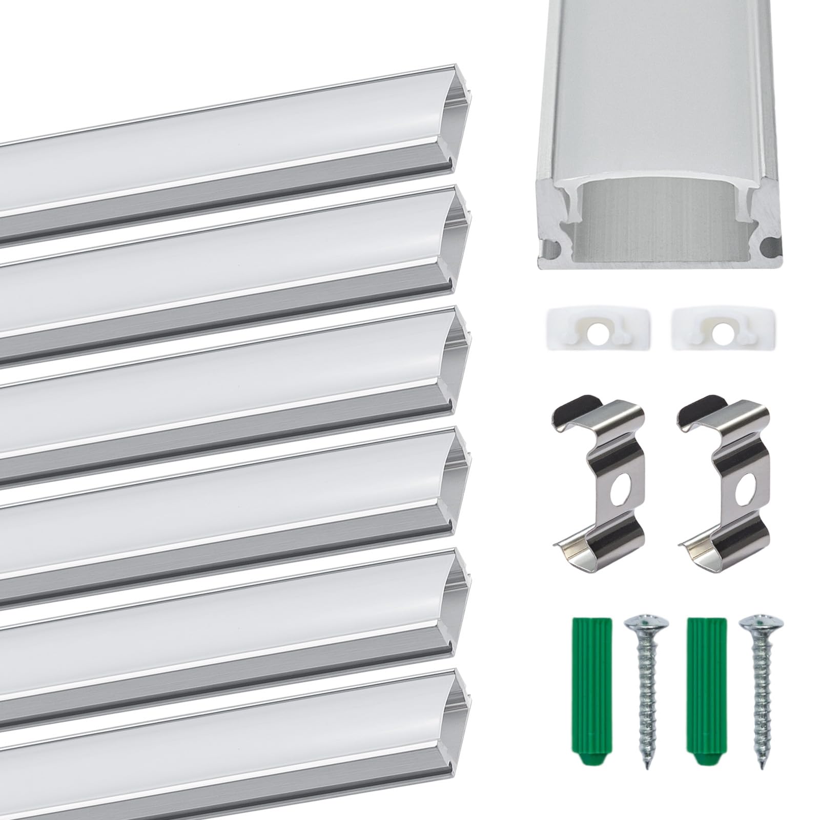 6-Pack U-Shape LED Aluminum Profile, 1m/3.3ft LED Channel with Milky White Diffuser Cover – LEDs Strip Light Housing Kit with End Caps & Mounting Clips (6PCS)