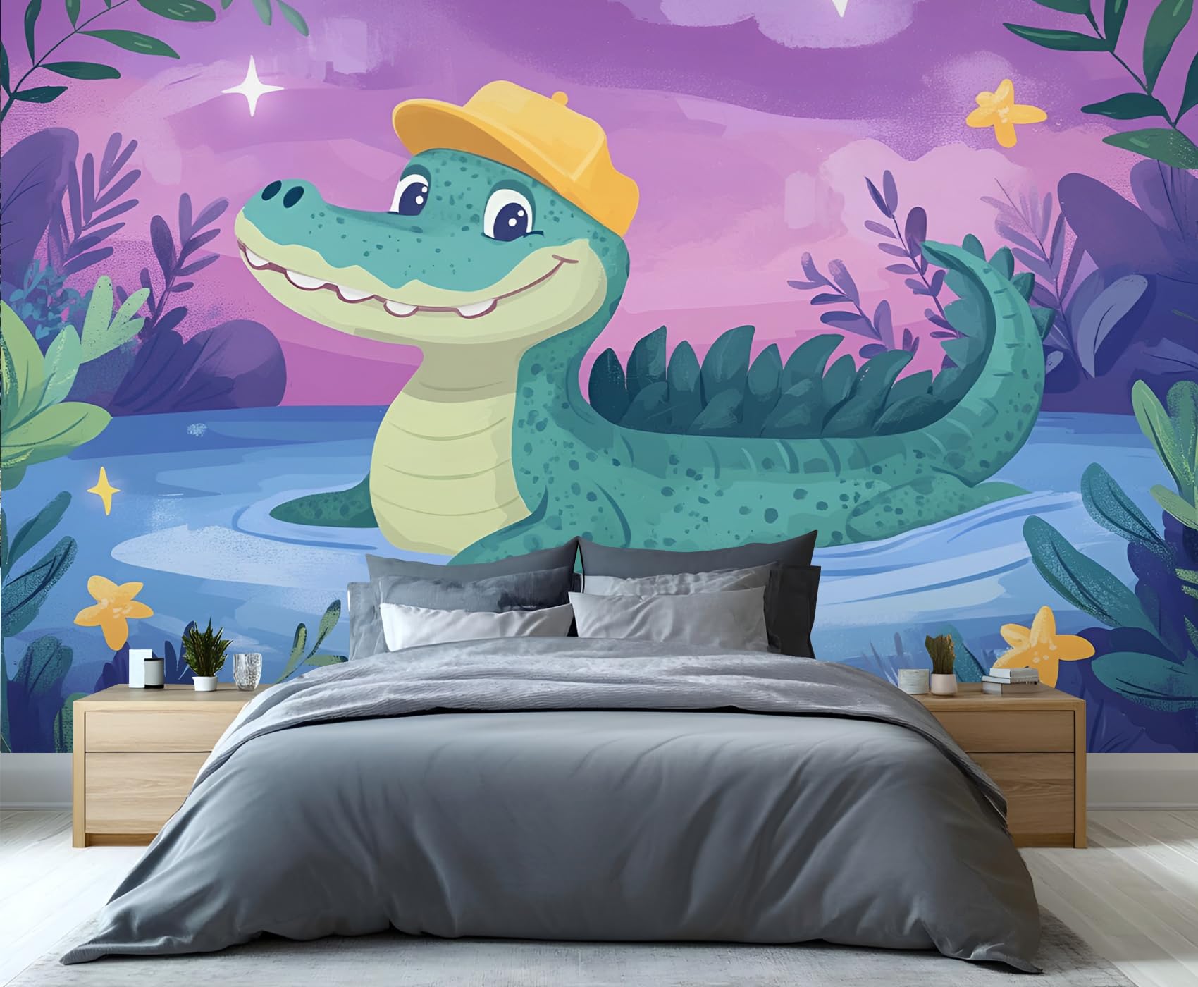 Papier peint mural crocodile dessin animé vert aux finitions haut de gamme 490x350