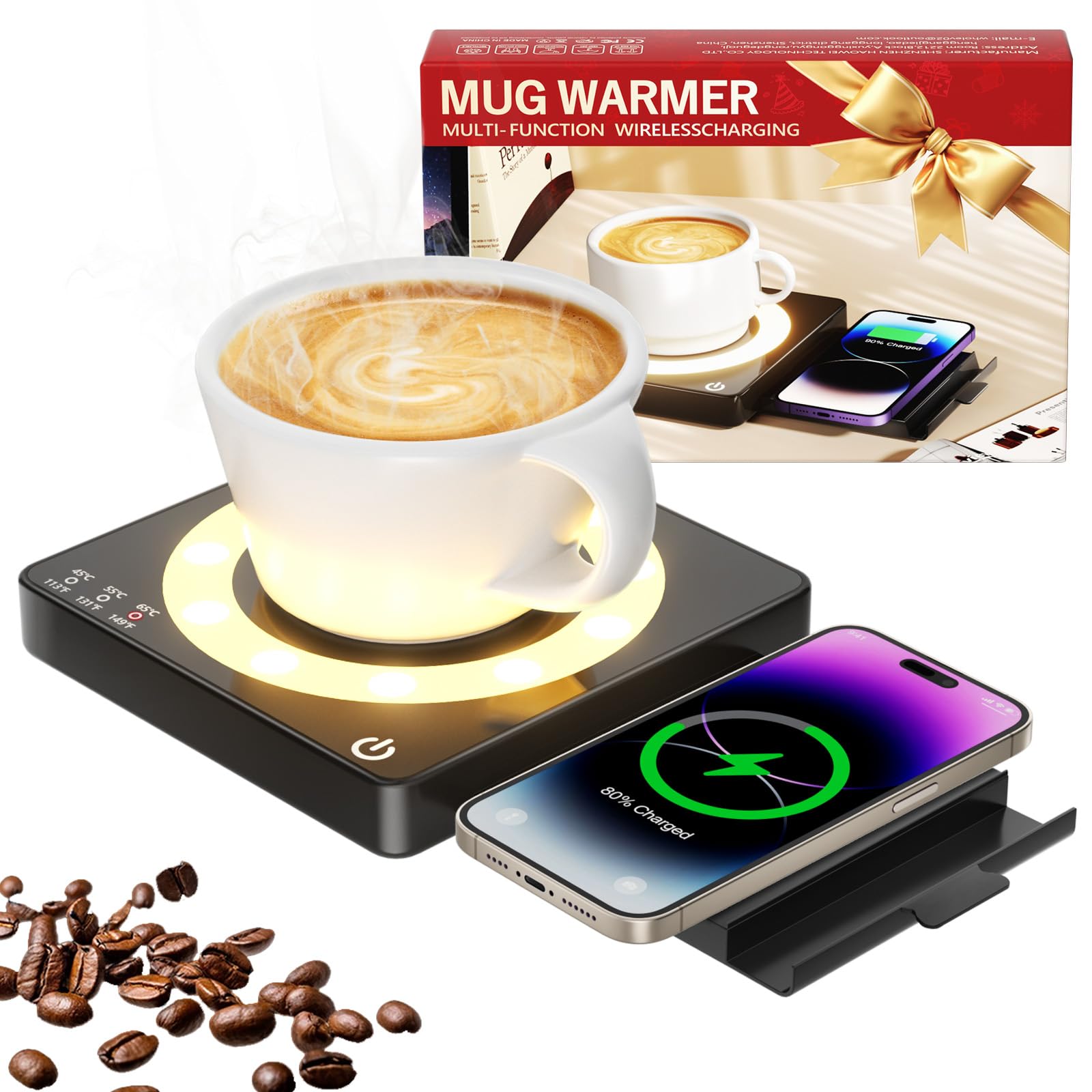 Coffee Mug Warmer, Smart Mug Warmer 15W Wireless Charging for Desk/Home, 3 Heat Settings Temperature Controlled, 8H Auto Off, Candle Warmer, Safe for Heating Coffee, Beverage, Milk, Tea