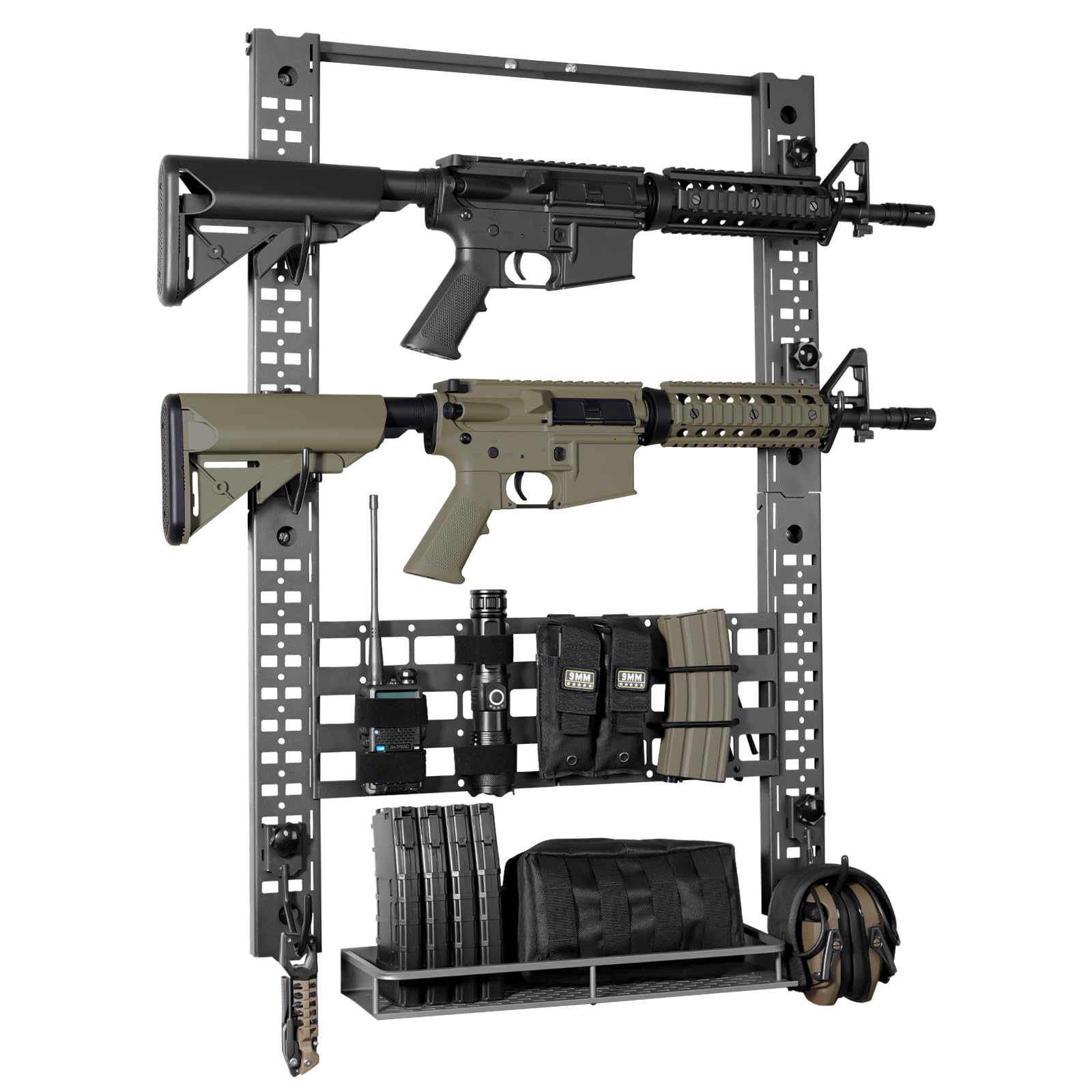 BOOSTEADY Support Mural pour Armes à Feu Modulaire, Porte Fusil de Chasse Mural Supporte Jusqu'à 120LBS avec 6 Crochets en J, 31,8" x 22" Support de Pistolet Tactique avec Panneau Molle