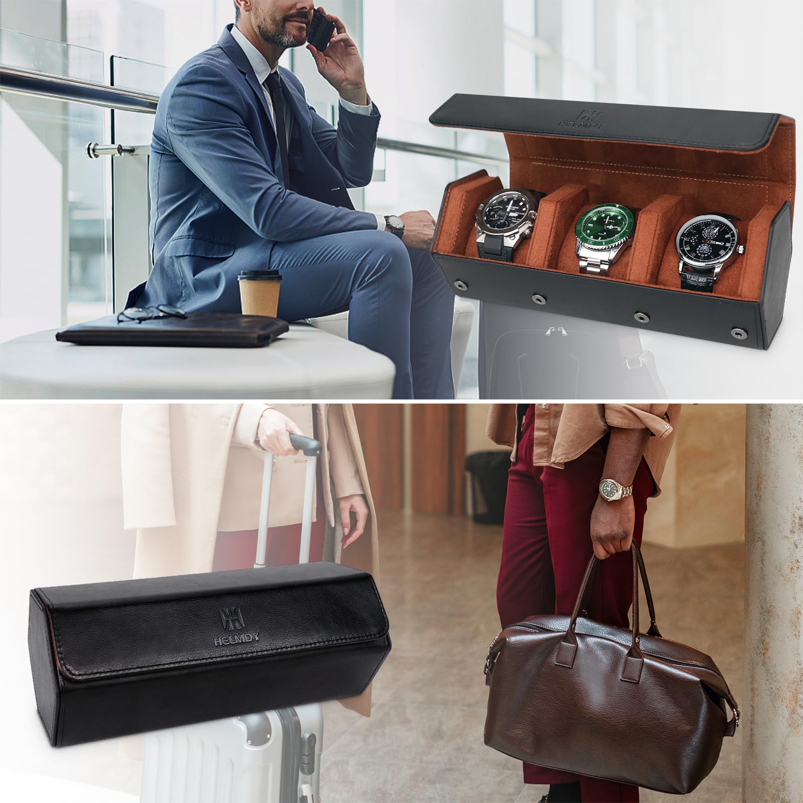 Estuche enrollable de reloj para hombres y mujeres, caja organizadora de relojes con 3 ranuras, almacenamiento hexagonal para 3 relojes, estuche portátil de viaje de piel sintética (negro | Caja de reloj de viaje portátil para reloj de 3, caja de reloj de