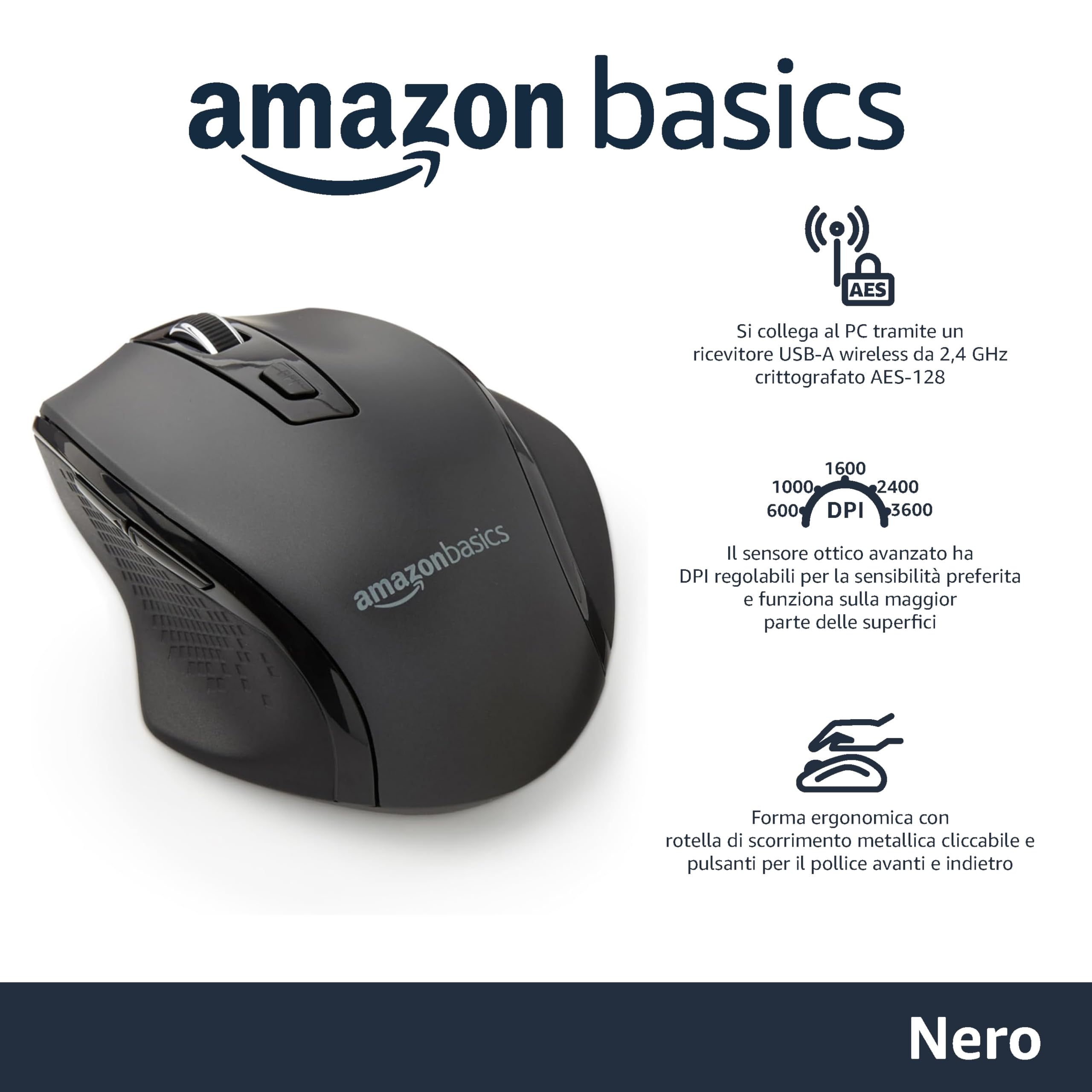 Amazon Basics Mouse wireless ergonomico - DPI regolabile - Nero