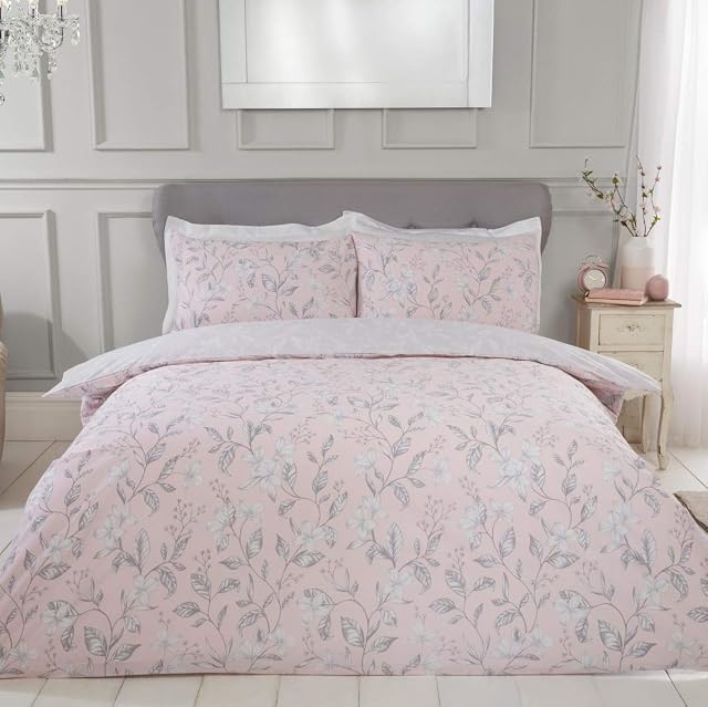 Sleepdown Etched Floral Blush Reversible Easy Care Duvet Cover Quilt Bedding Set with Pillowcases - Super King (220cm x 260cm)