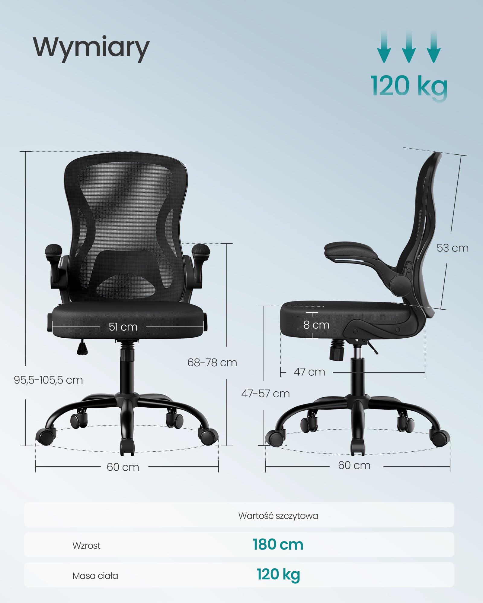 SONGMICS Ergonomiczny fotel biurowy, obrotowy z siatkową tkaniną, fotel biurowy z podparciem lędźwiowym, funkcja bujania, składane podłokietniki, do gabinetu, sypialni, atramentowy czarny OBN042BH02