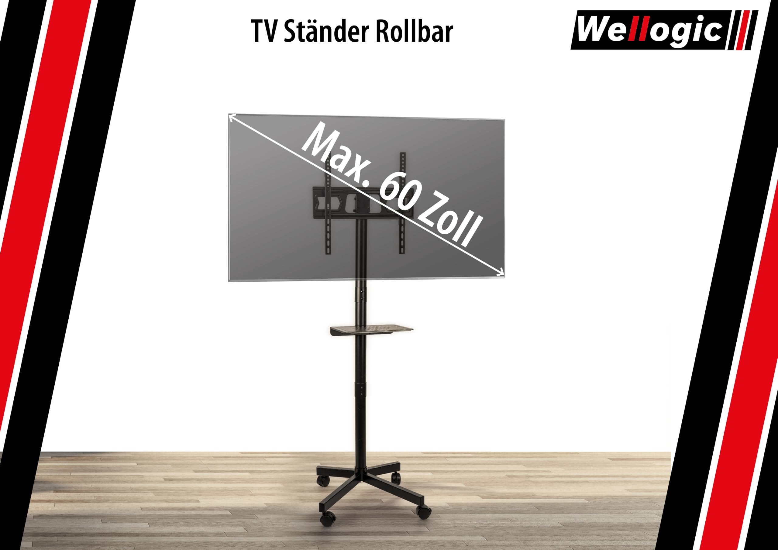 Supporto TV arrotolabile per TV da 26-60 pollici fino a 35 kg, supporto TV regolabile in altezza con ruote, supporto multimediale, inclinabile, universale, VESA 400 x 400 mm, nero