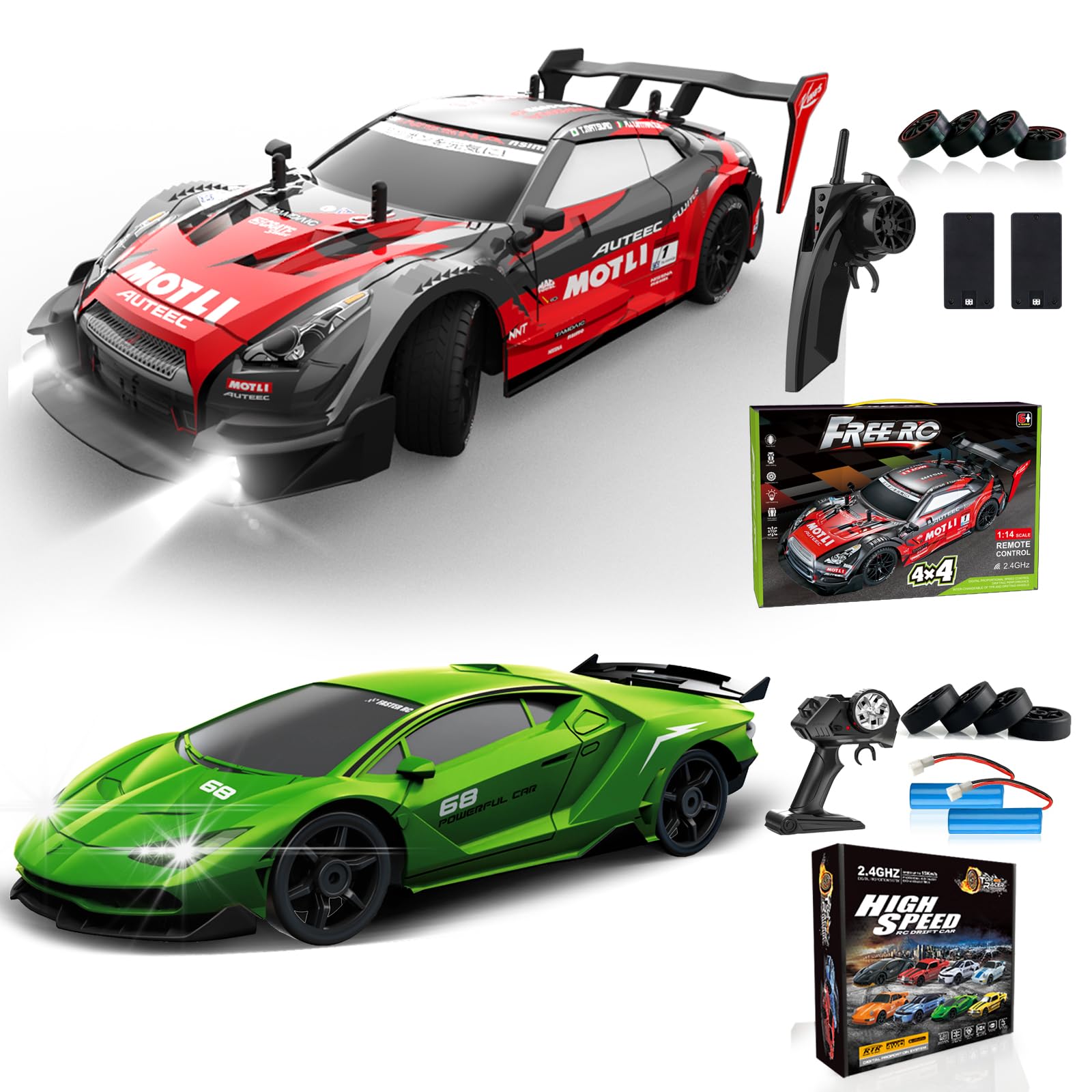 LFOLUSU RC Drift Car 1:16 Scale 4WD RC Car 30km/h High Speed+RC Drift Car 1:24 Scale 4WD RC Car 15km/h High Speed Racing Sport Toy Car for Adults Boys Girls Kids Gift 2Pcs Rechargeable Battery