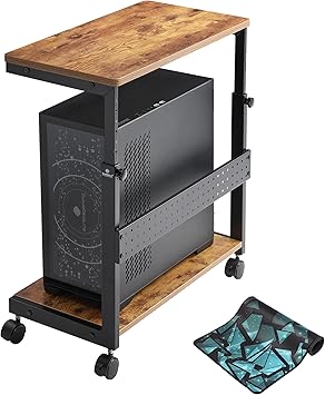 EUREKA ERGONOMIC PC Stand Computer Cart, Height Adjustable Tower Stand 2-Tier Suit for ATX Case Printer, Metal Rolling Cart on Wheels for Gaming Home Office, Antique Wood