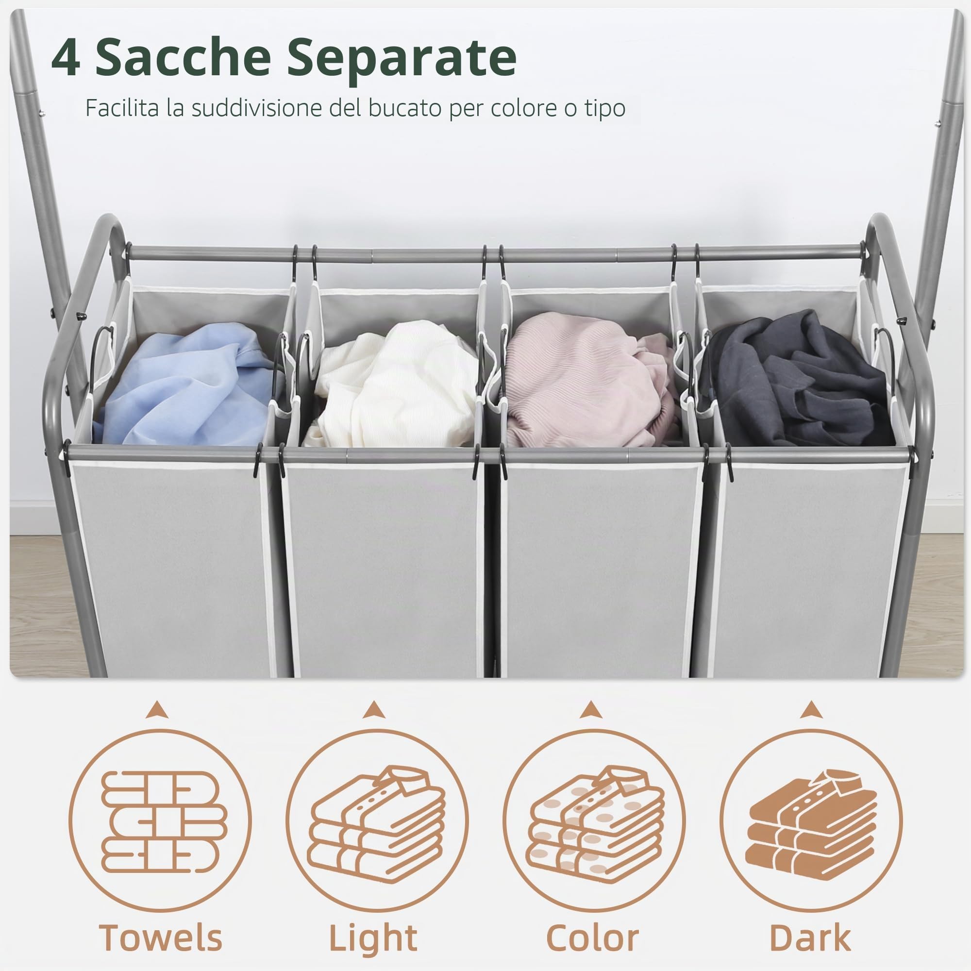 STORAGE MANIAC Carrello portabiancheria con barra sospesa, portatile, rimovibile, con ruote bloccabili resistenti e borse rimovibili, organizer per biancheria da 181 l, 4 sezioni