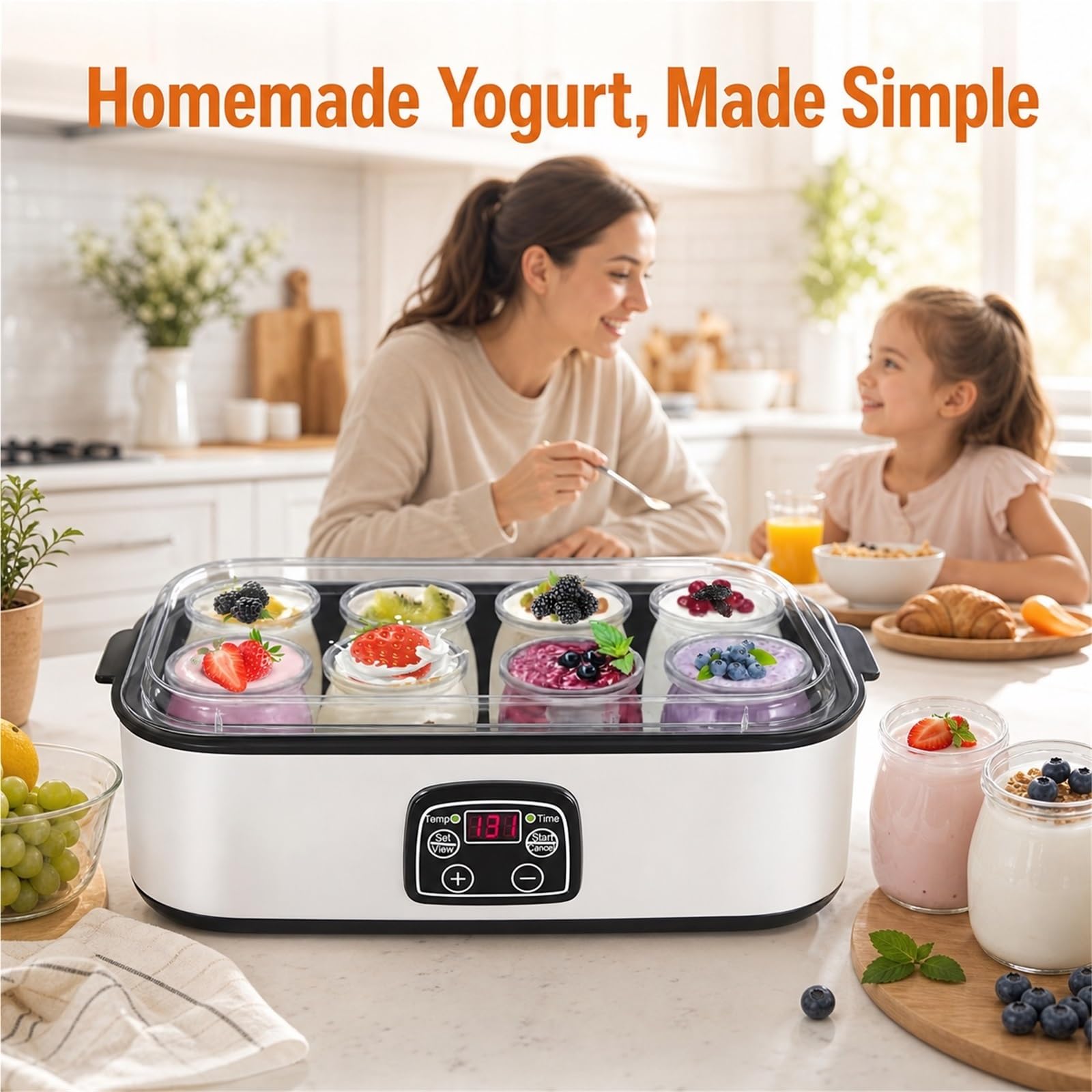 Yogurtiera Automatica con 8 Bicchieri In Vetro e Display Lcd | Finitura Argento, Preparazione Colazione Casalinga, Timer 0-48 Ore, 180 Ml X 8 Tazze, Funzionamento a 25 W