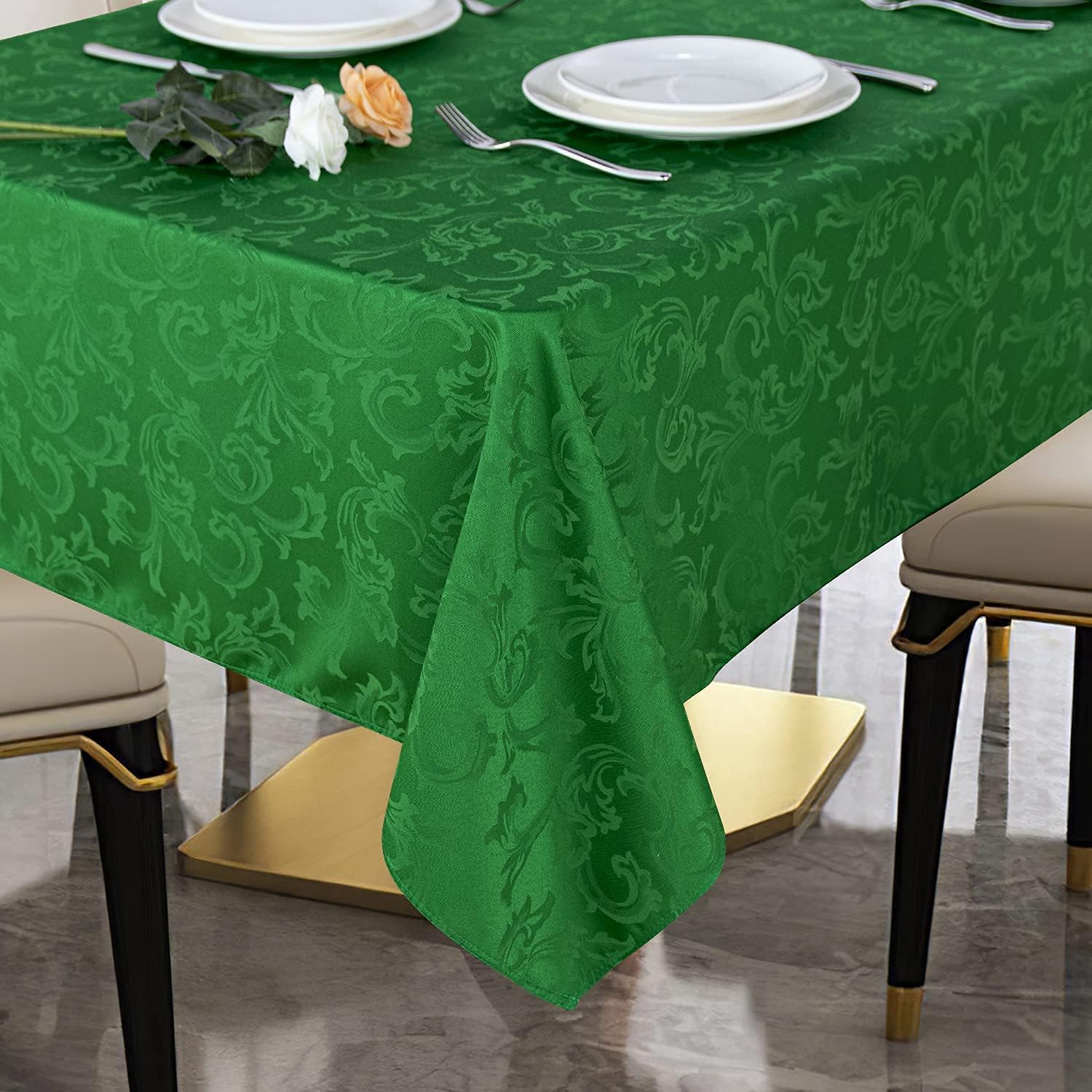 Obstal 210GSM Solid Flower Jacquard Table Cloth - Heavy Duty Waterproof Wrinkle Free Microfiber Tablecloth, Decorative Fabric Table Cover for Outdoor and Indoor Use (Green, Square 60 x 60 Inch)