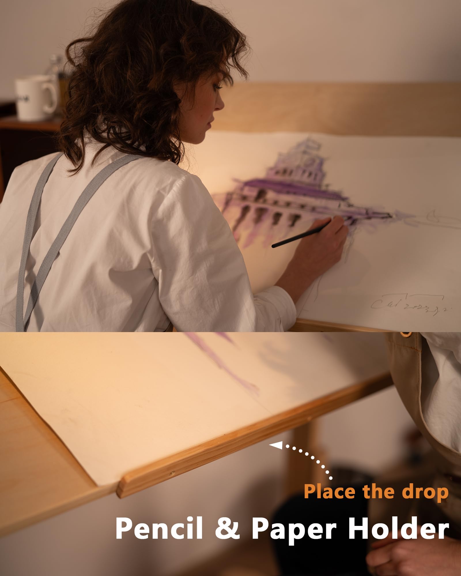 DJAR Tavolo da disegno regolabile in legno, scrivania artistica, 107 x 76 cm, per pittura, disegno e scrittura, cornice in legno di pino massiccio, naturale