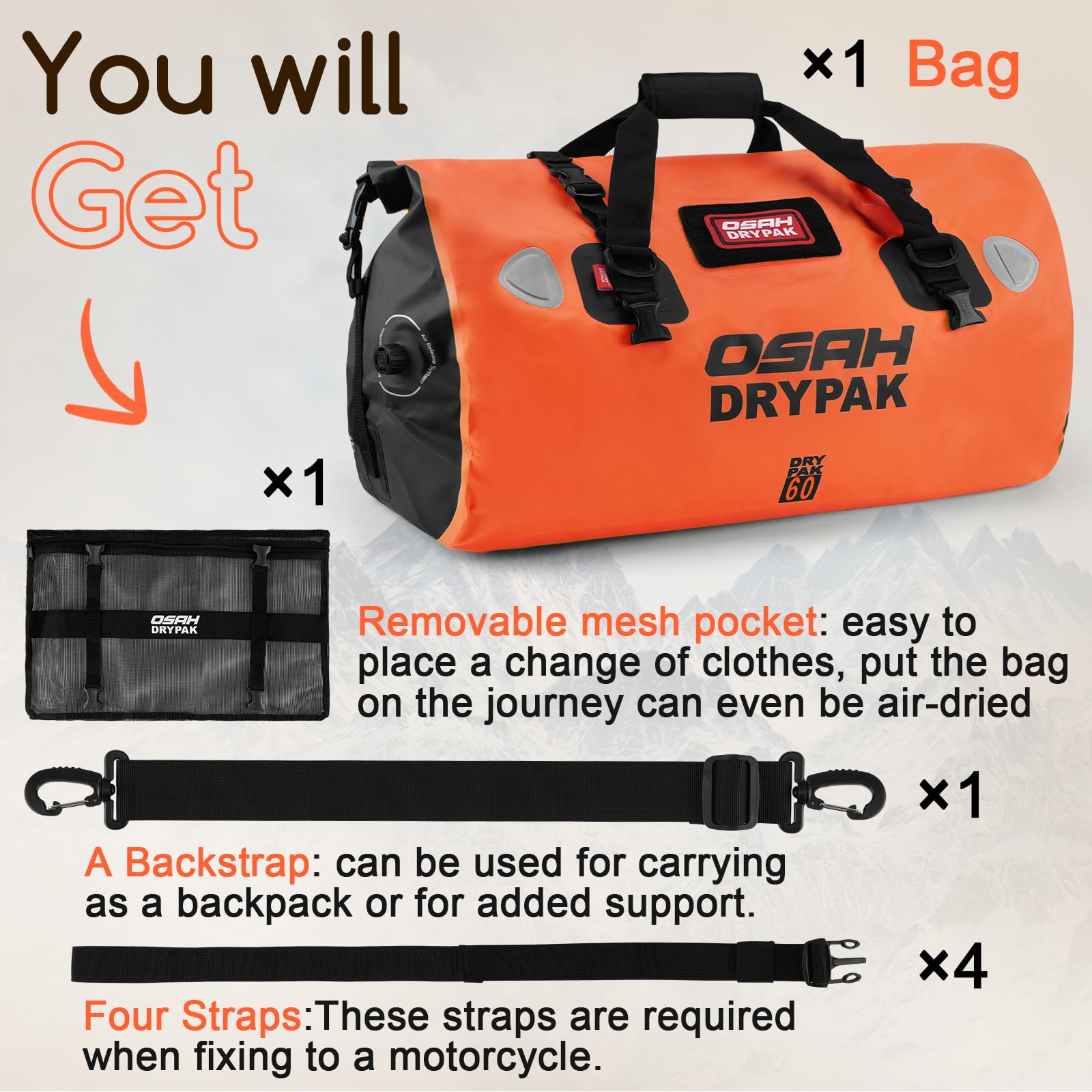 OSAH DRYPAK Bolso de Lona Impermeable - Bolsa Trasera estanca para Moto con Gran Espacio, Equipaje Impermeable con Bolsillo Exterior de Malla con Cremallera para Acampada, Kayak, Pesca y Viajes