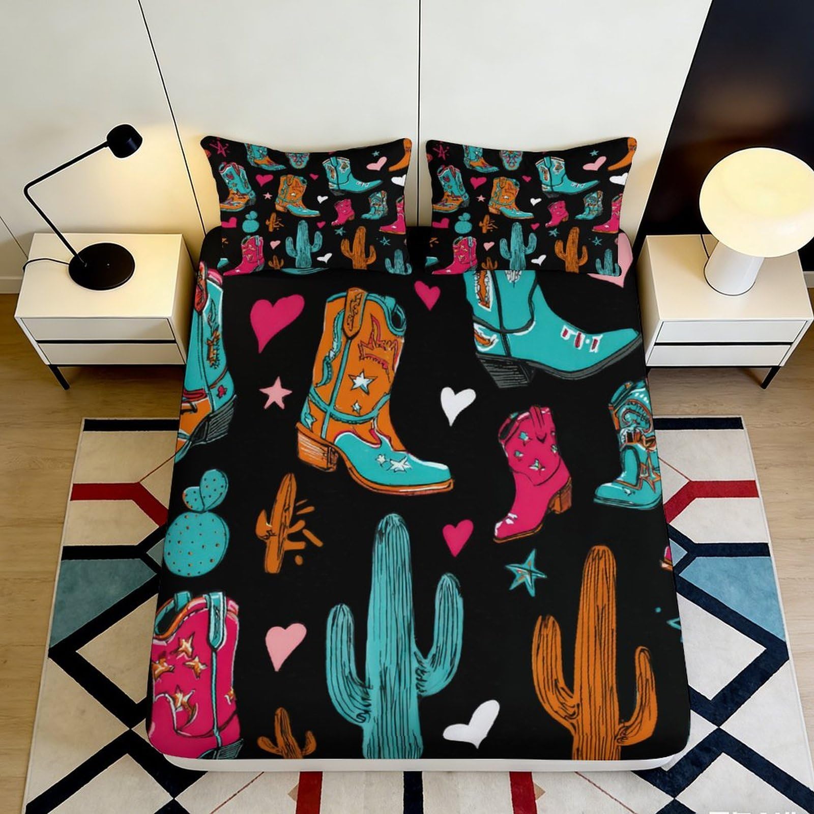 3D Printed Western Cowboy Boots Fitted Sheet Microfiber Colorful Cactus Bed Cover for Bedroom Decor Mattress Protection 90x200x25cm