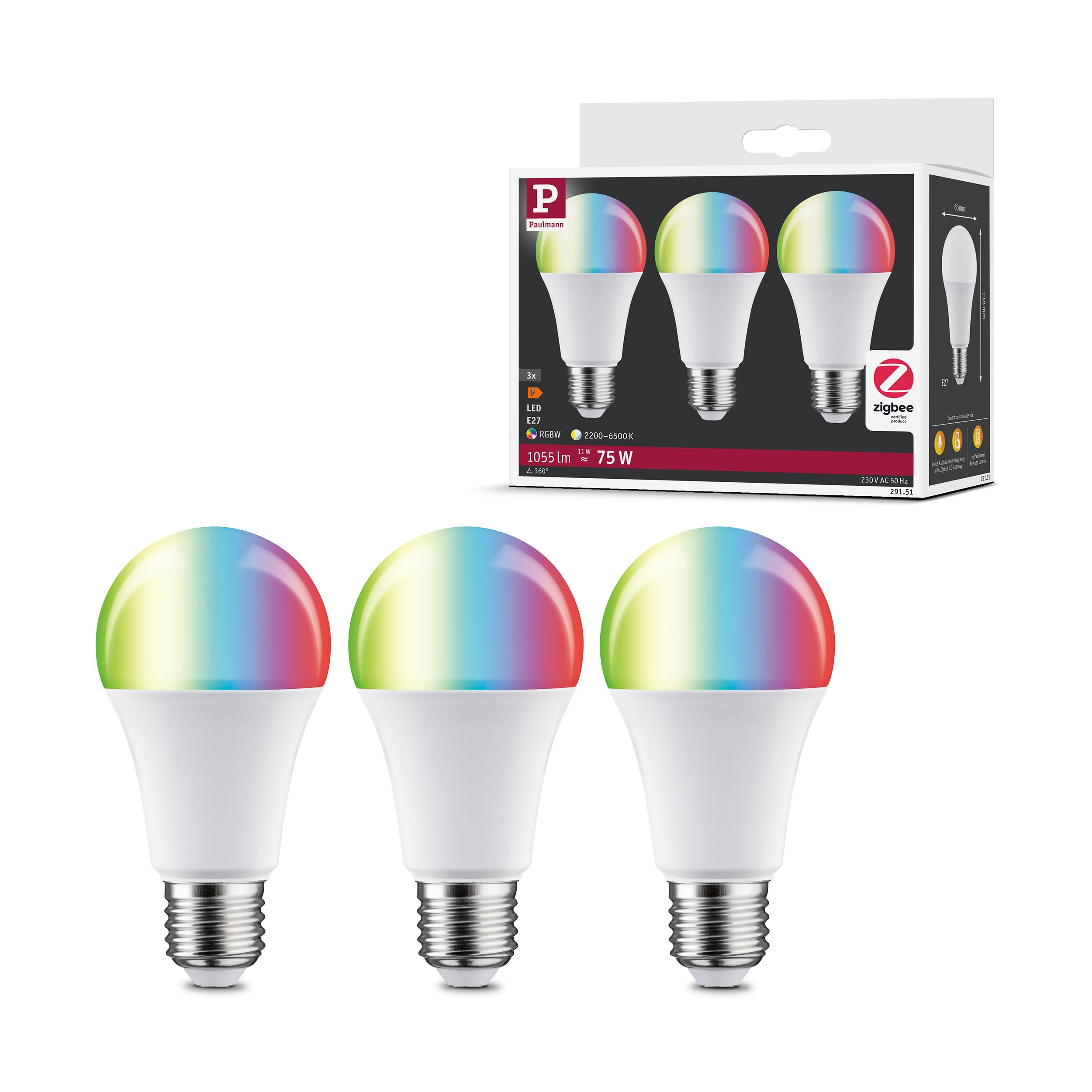 Paulmann 29151 Standard 230V Smart Home Zigbee LED Birne 3x1055lm 3x11W RGBW+ dimmbar Matt Leuchtmittel
