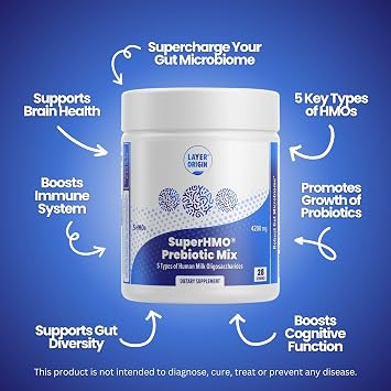 SuperHMO Prebiotic Mix with 5-HMO Prebiotic Fiber for Gut, Digestion, Brain Health - Powder, 28 Servings