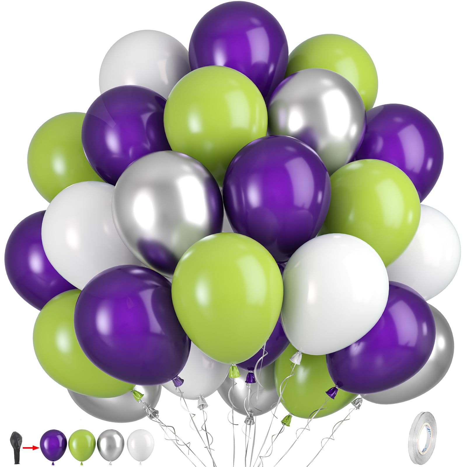 Photo 1 of Green Purple White Balloons, 50pcs Green Purple Silver Balloons, Silver White Black Purple Balloon for Birthday Boys Baby Shower Toy Theme Party Wedding Graduation Bachelorette Anniversary Decorations