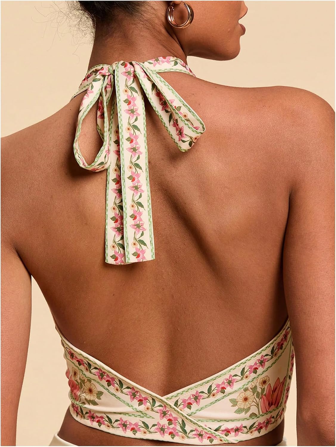 GORGLITTER Women's Floral Boho Halter Crop Tops Open Back Backless Western Vintage Summer Cowgirl Going Out Outfits
