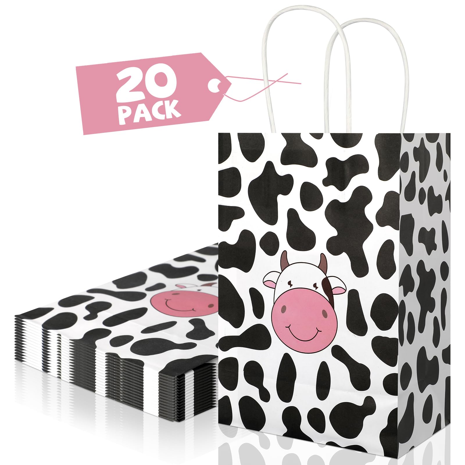 20Pcs Cow Party Favors Bags with Handles, Farm Themed Kraft Paper Gift Bags Candy Bags, Cute Cow Print Goodie Bags for Girls Boys Birthday Baby Shower