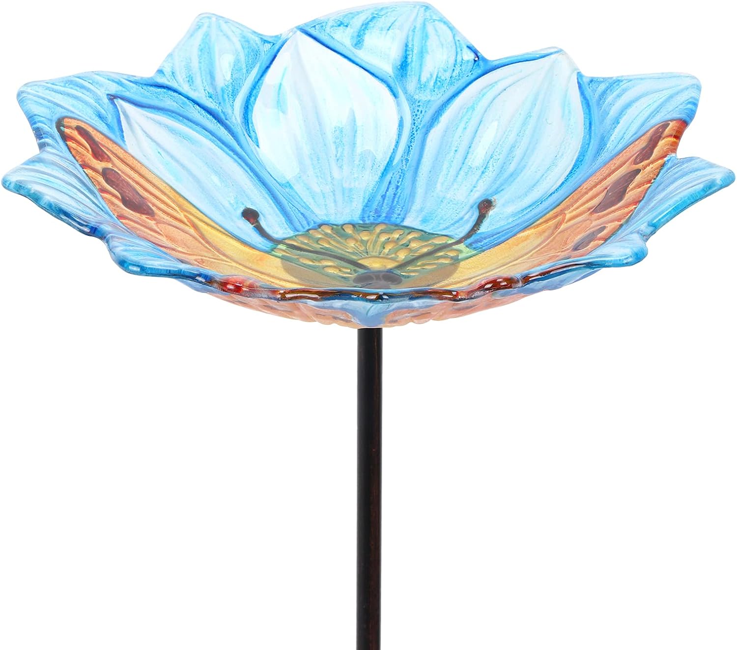 MUMTOP Bird Baths for Outdoors, Glass Birdbaths Bird Feeder Garden Outdoor with Metal Stake Butterfly, Blue