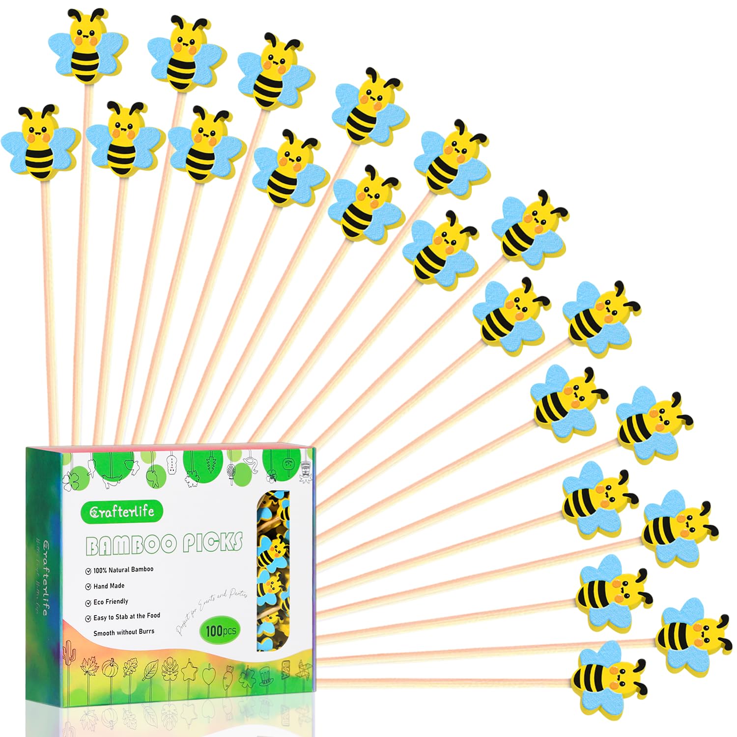 Bee Cocktail Picks Cute Honeybee Theme Baby Shower Bee Decor Long Toothpicks Fruit Sticks Skewers for Appetizer Charcuterie Food Sandwich, Summer Bee Decorations Themed Party Supplies