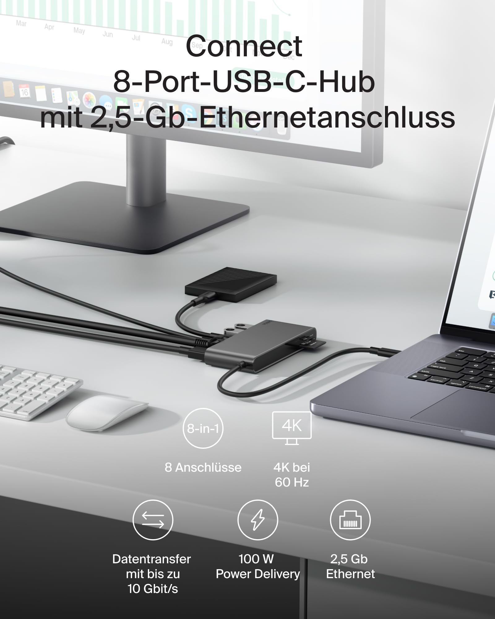 Belkin Connect 8-in-1 USB C Hub, Bildschirmauflösungen bis zu 4K bei 60 Hz – geeignet für Mac-, Windows- und Chromebook-Laptops; 100 W PD; Datentransfer mit 10 Gbit/s; 2,5-Gbit/s Ethernet – Grau