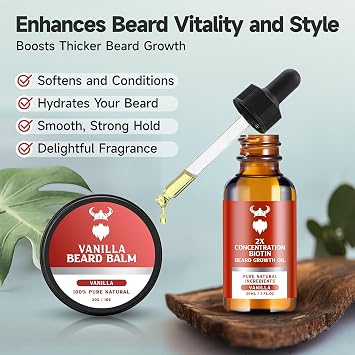 Vanilla Beard Growth Oil with 2X Concentration Biotin for Men and Cedarwood Beard Growth Oil with 2X Concentration Biotin for Men,Natural Ingredients & Thickens Facial Hair Growth