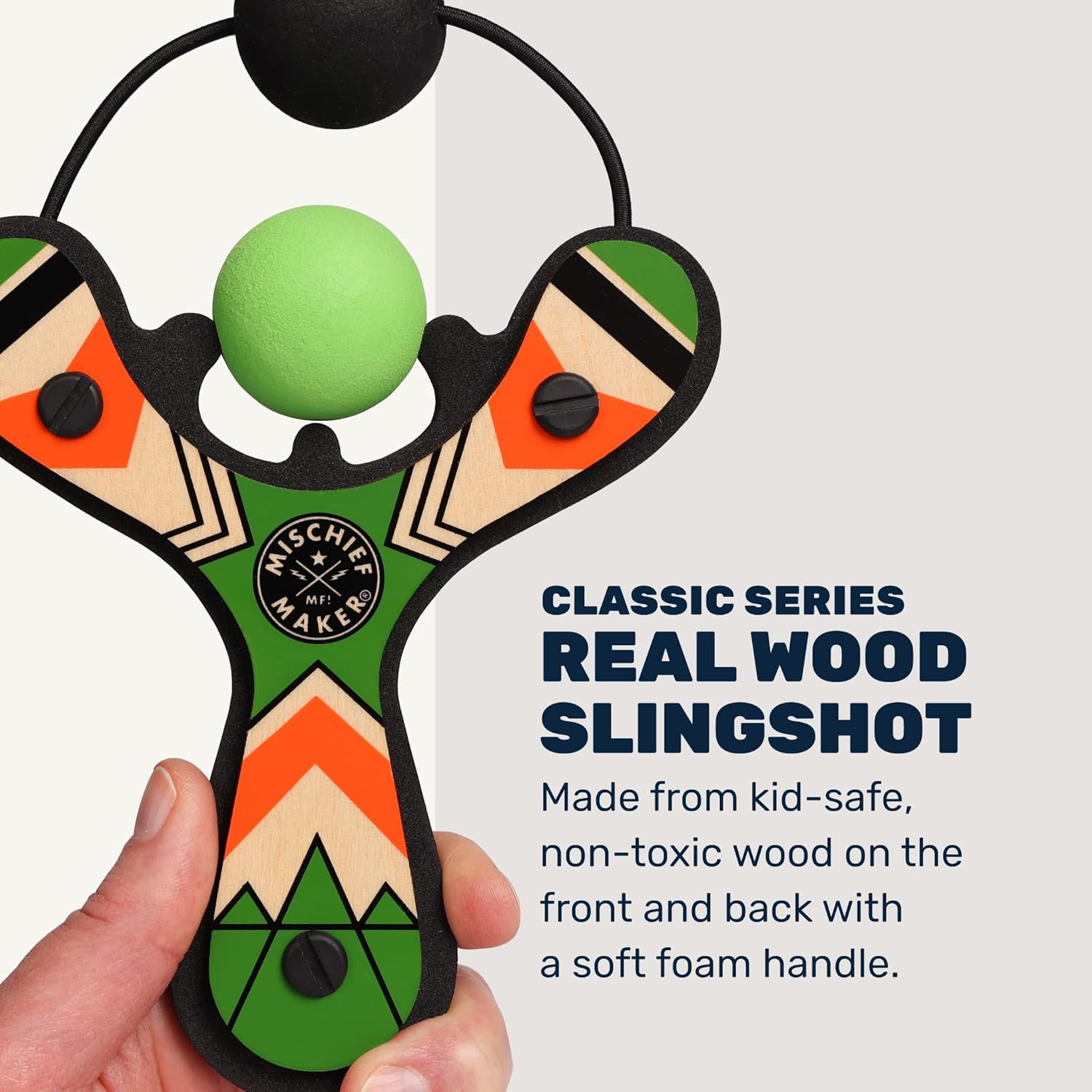 Mighty Fun! - Mischief Maker® Wooden Slingshot - Classic Series - Real Wood Slingshot for Kids, 4 Soft Foam Balls and Storage Bag - Ages 4+ (Green)