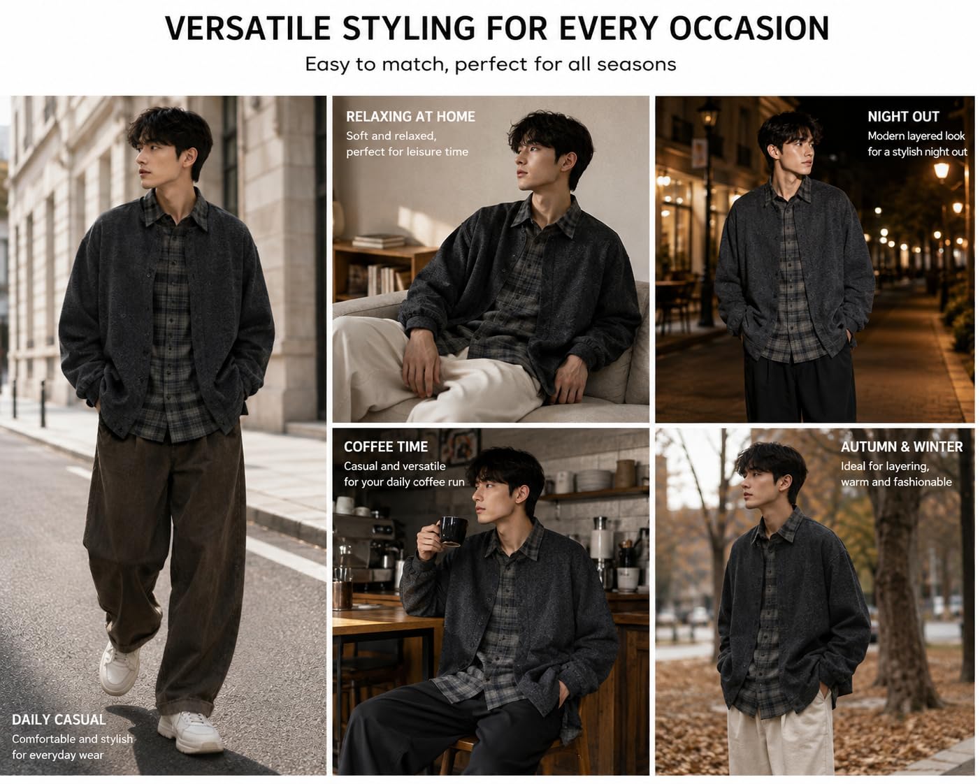 Generico Camicia da Uomo A Due Pezzi Effetto Quadri, Oversize, A Maniche Lunghe, Look A Strati, con Bottoni E Colletto A Revers, Ideale per Abbigliamento Streetwear, Feste E Outfit Autunnali.