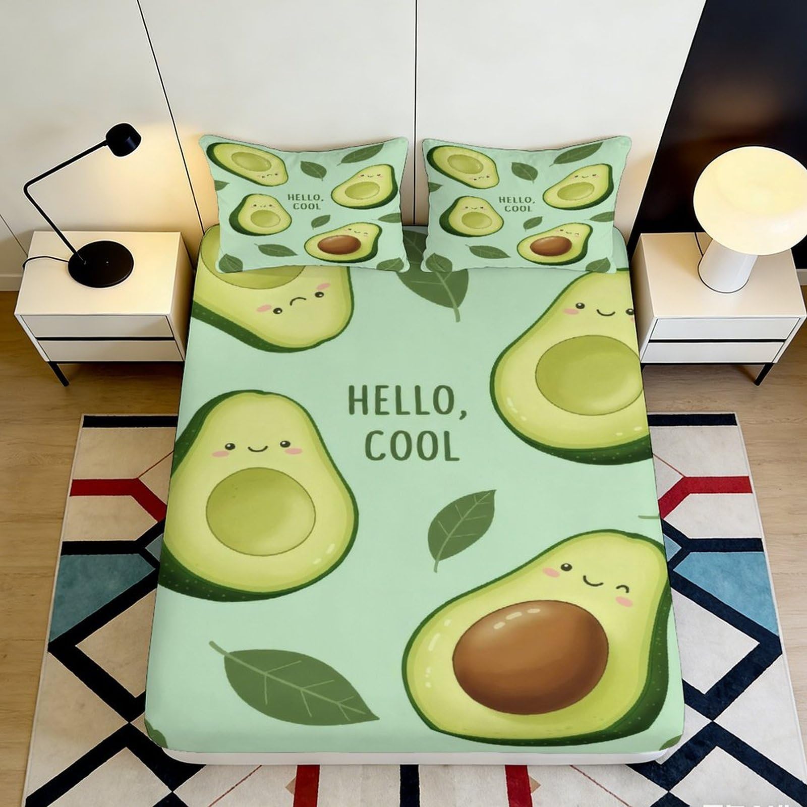 3D Printed Avocado Cartoon Fitted Sheet Microfiber Soft Green Fruit Bed Cover for Bedroom Guest Room Decor 90x200x25cm
