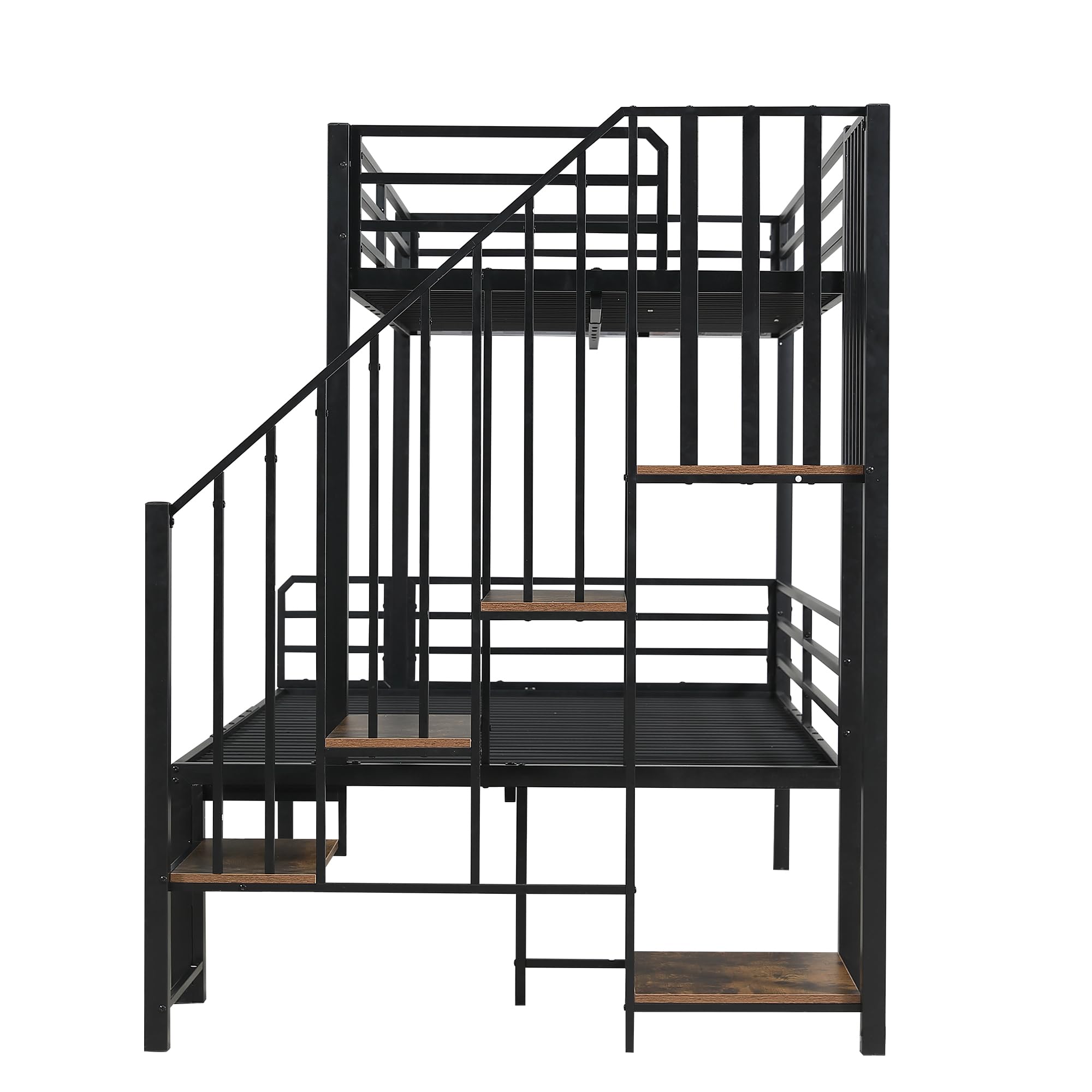 Idemon Letto in ferro a castello, cabina angolare, vano portaoggetti, MDF, nero+legno vintage, 90x200 cm e 120x200 cm