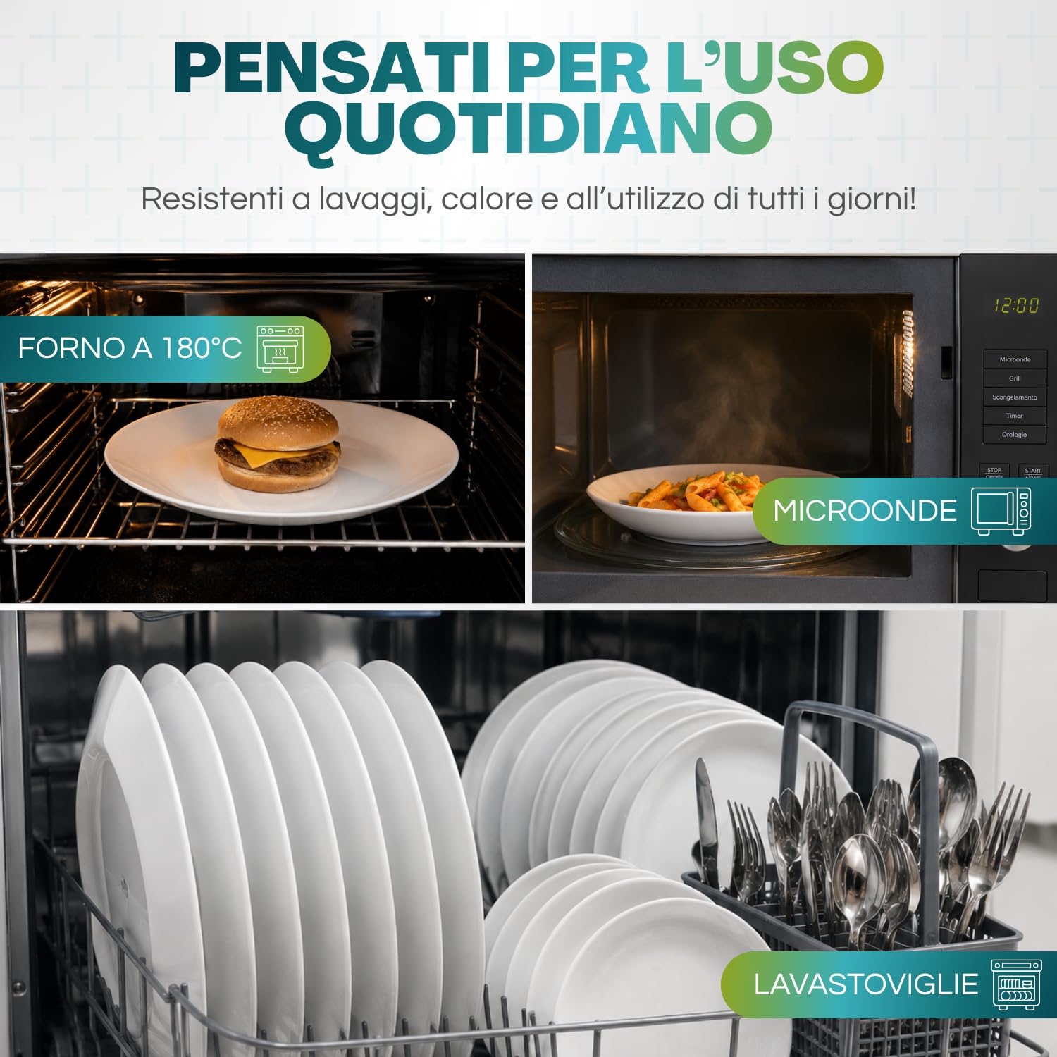 Virsus Servizio di Piatti ROTONDI per 6 Persone 7076, 18 Piatti in Porcellana color Bianco, Set composto da Piatto Fondo Diam.20,5cm, Piatto Piano Diam.24cm e Piattino Dessert Diam.19cm