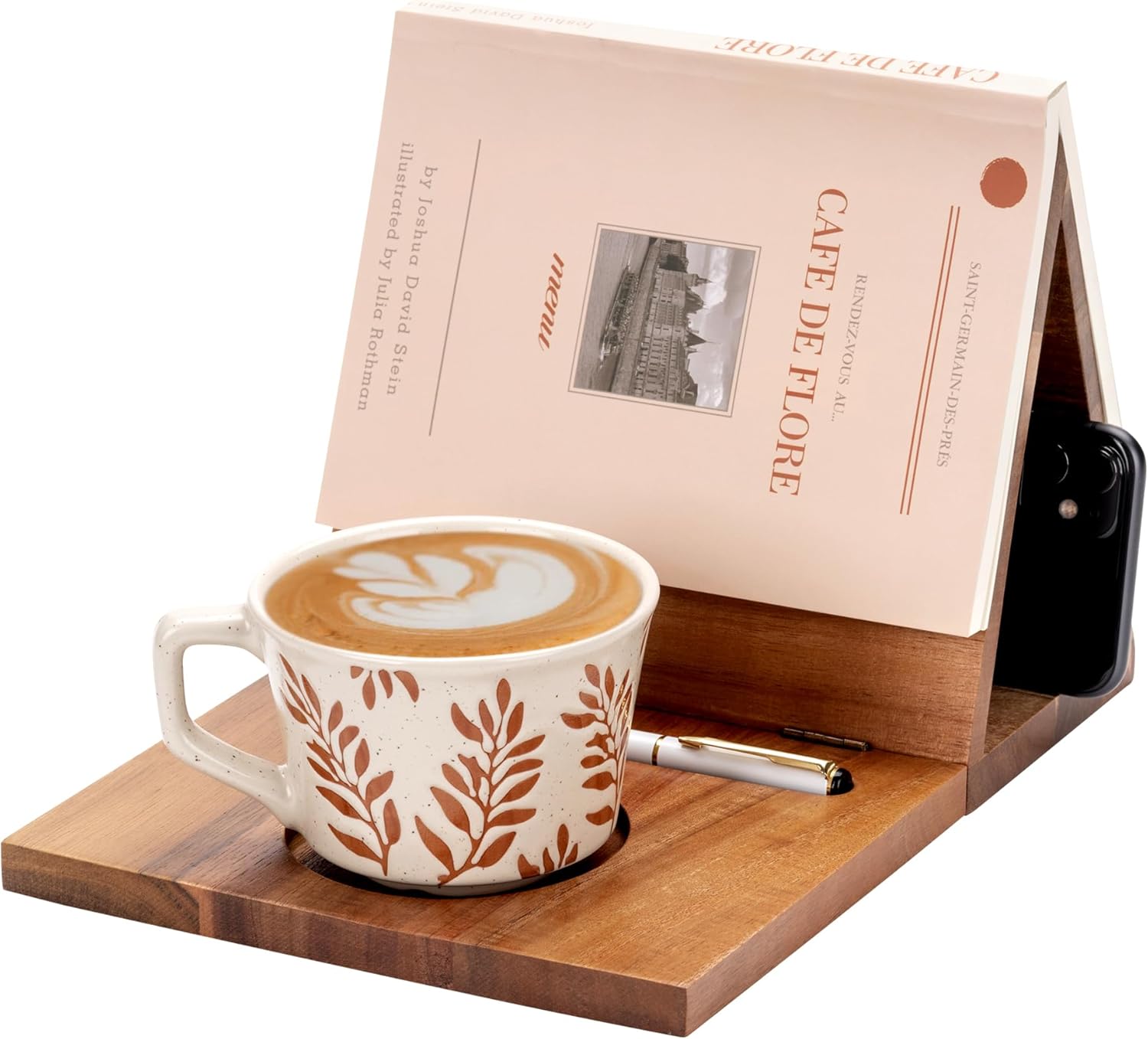 Book Nook Reading Valet with Cup Holder, Wooden Book Stand Coffee Holder for Page Rest, Triangle Rest Stand Valet for Nightstand Desktop Bedside, Christmas Birthday Gifts for Readers (Modern)