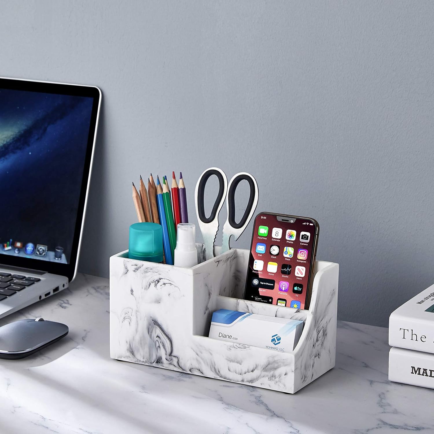 YININE Office Desk Organizer, White Marble Look Desktop Stationery Organizer Office Supplies Caddy Organizer Pencil Holder with Phone Stand Remote Holder for Office Home School College Vanity