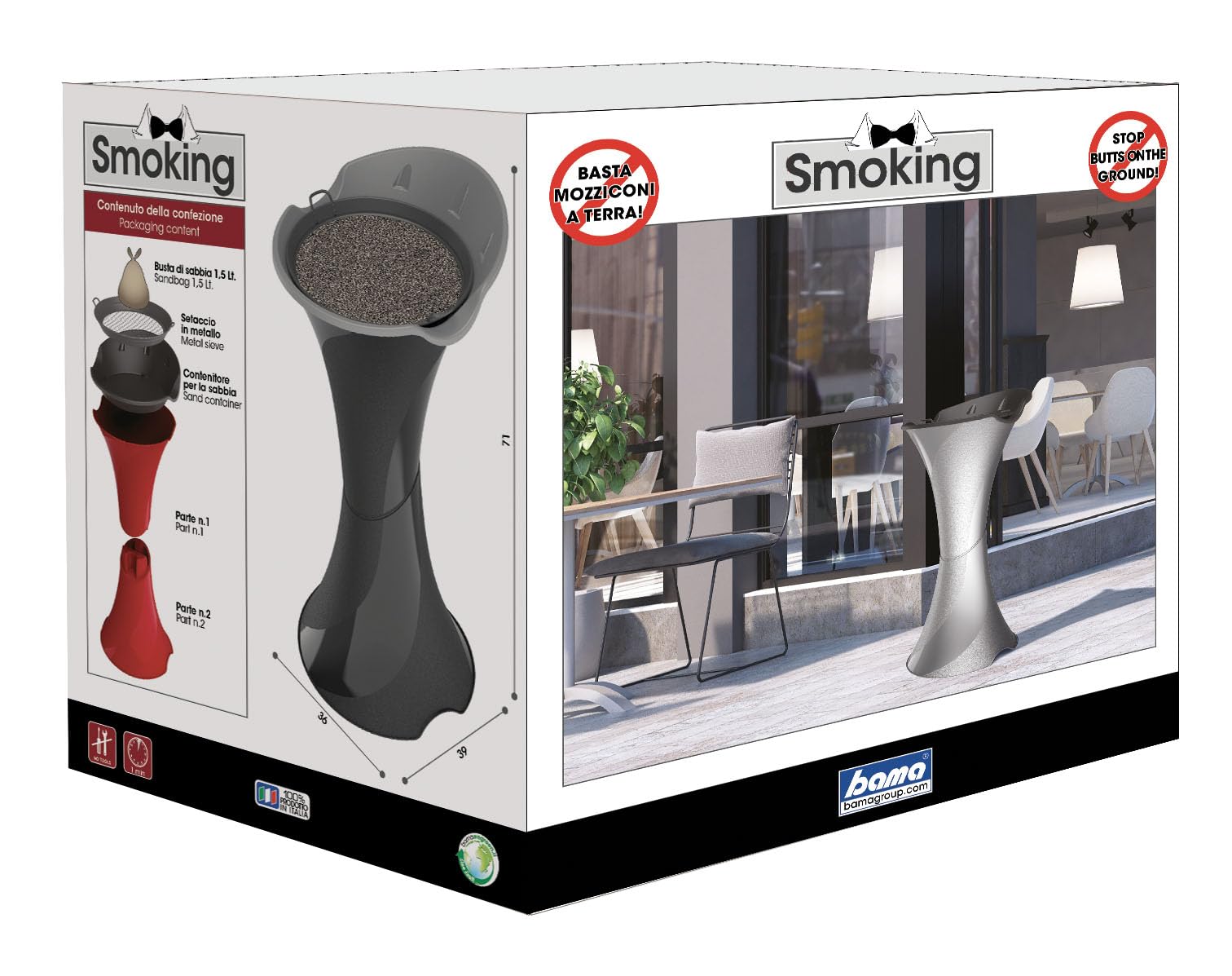 Bama Posacenere A Colonna da Terra Smoking Nero con Setaccio E Sabbia