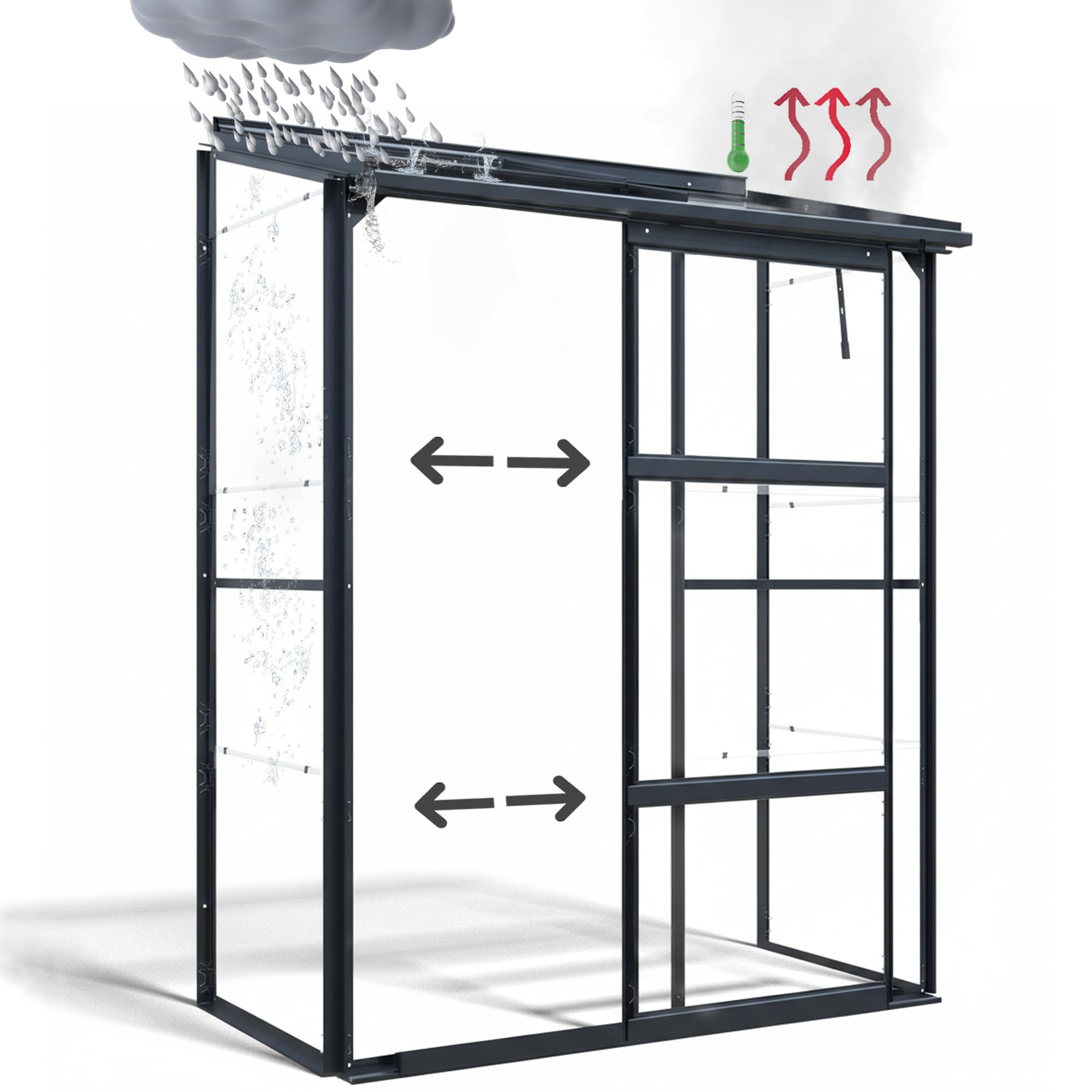 Gewächshaus Glas 0,9 m² Aluminium Rahmen mit Schiebetür | Premium Wand-Gewächshaus schwarz Temperaturkontrolle Aufstellfenster | Tomaten- und Anzuchtgewächshaus 130 x 68 x 173 cm (B x T x H)