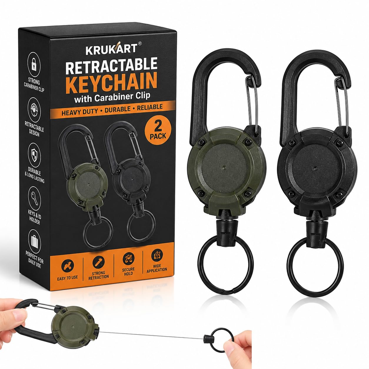 Retractable Keychains - 2 Pack with Carabiner -1 Retractable Keychains - 2 Pack with Carabiner -1