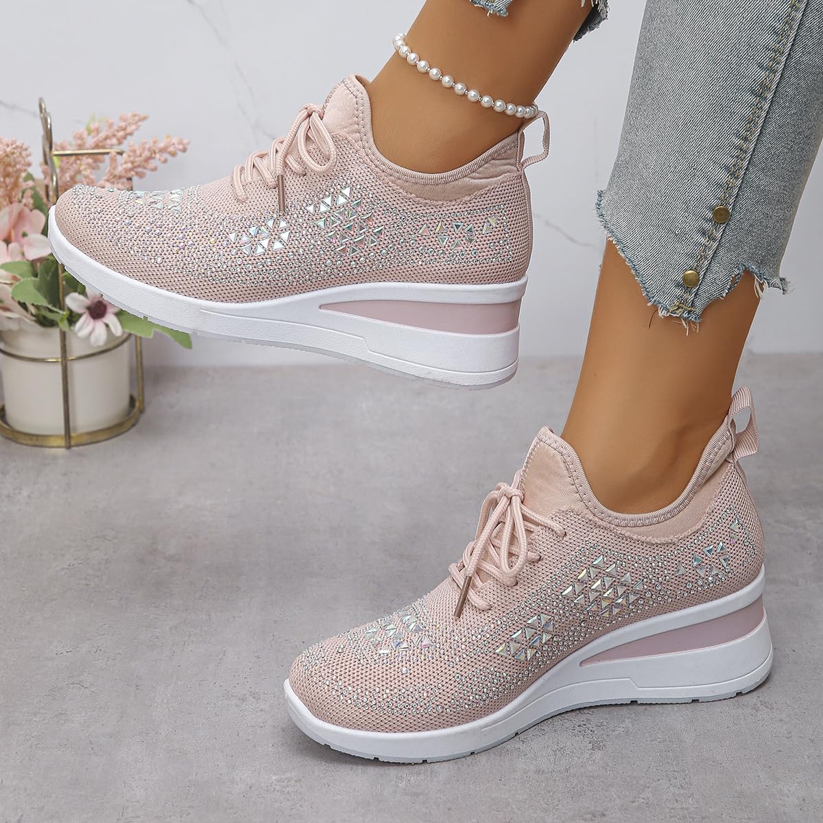 Donna Glittery Rhinestone Fashion Breathable Wedge Sneakers, Sparkly Platform Trainers Lightweight Comfy Slip On Walking Shoes, rosa., 40 EU