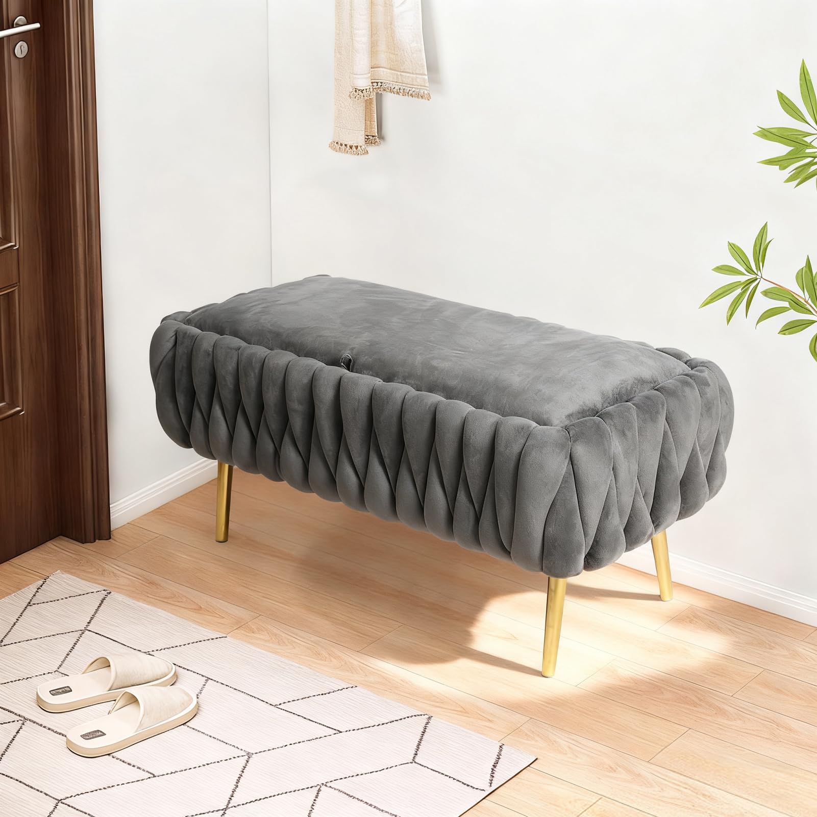 Sitzbank mit Stauraum, Samt, Bettbank Gepolstert, Sitztruhe mit Stauraum, 105 cm Gold Metallbeine, bis 300 Kg Belastbar für Flur Eingangsbereich Wohnzimmer Schlafzimmer (Grey)
