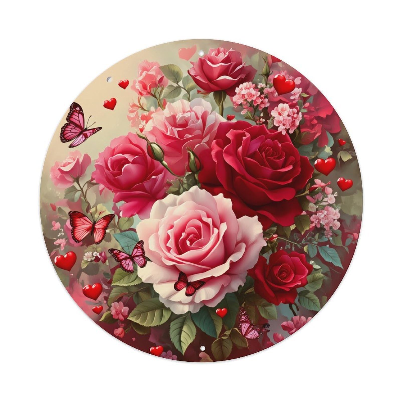 Roses Butterflies Hearts Flowers Leaves Round Tin Sign Retro Metal Sign for Cafe Bar Pub Home Game Room Gym Club Wall Decoration Vintage Metal Poster 8x8 Inch