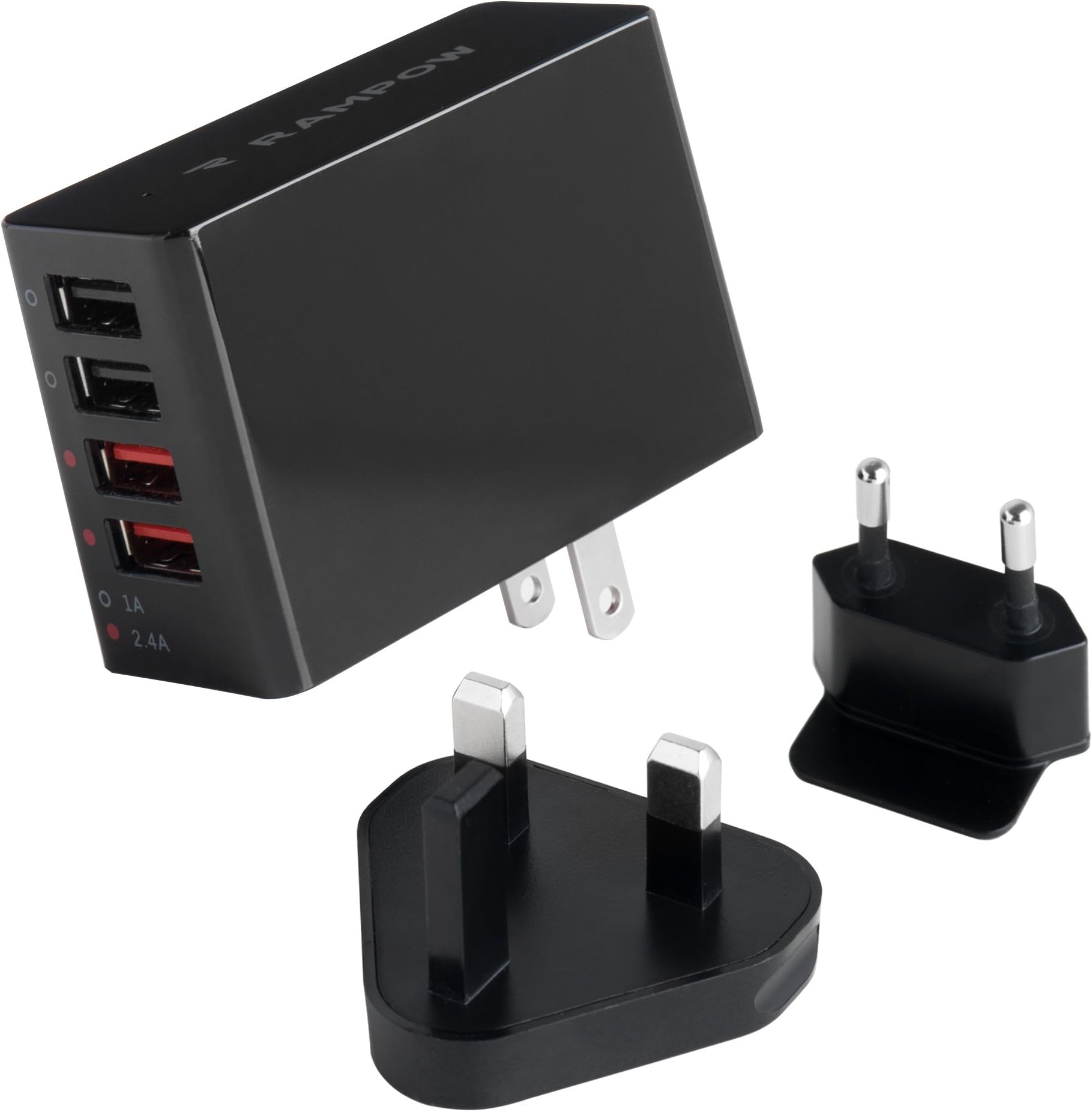 RAMPOW USB Wall Charger 4-ports 2.4A & 1A/34W Portable travel USB Charger with UK EU International Adapters&foldable plug compatible with iPhone 5SE/SE/6s/6s plus/6/6 plus/iPad/pro, Samsung and others