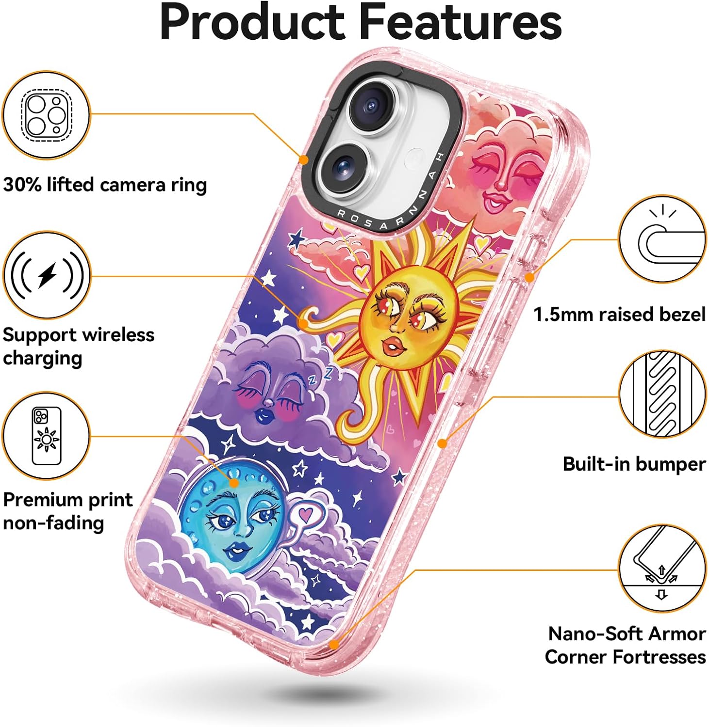 Rosarnnah for iPhone 17 Case Cute - Military-Grade 20 ft Drop Protection Shockproof Phone Case - Funny Day and Night Design (6.3") Glitter Pink
