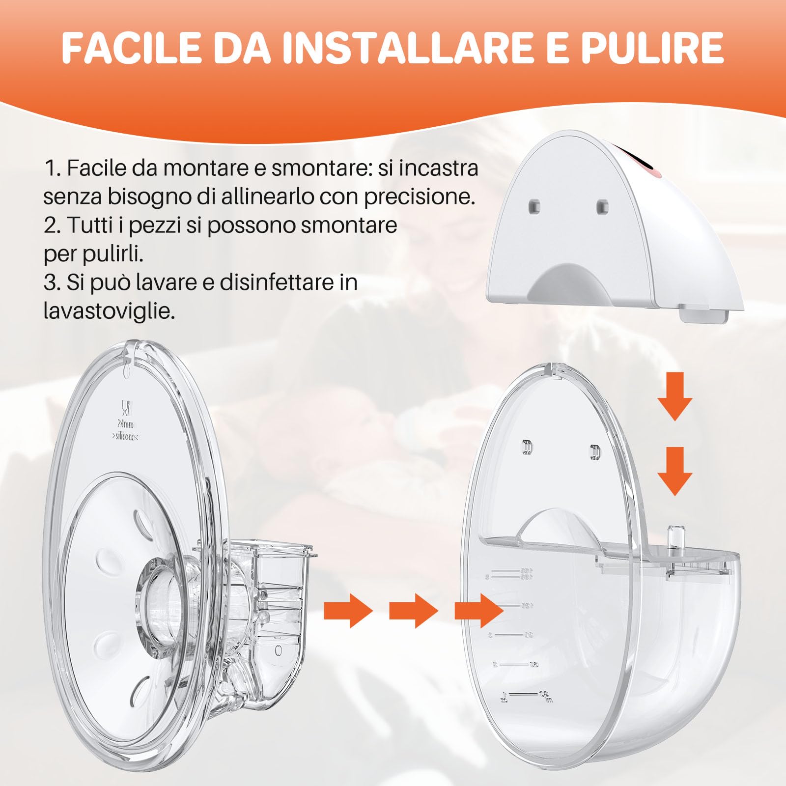 FUNYKICH Tiralatte Elettrico Indossabile Senza Mani,4 Modalità/12 Livelli di Suzione,Flange 17/19/21/24 mm,Tiralatte Elettrico Silenzioso,Senza BPA,Aspirazione a 300 mmHg,Portatile con Custodia