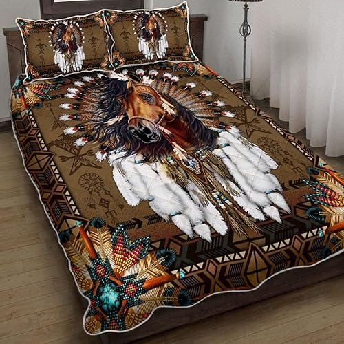 GEEMBI Juego de edredón con funda de almohada, caballo. Juego de ropa de cama de edredón de nativos americanos THB3469QS, colcha de tamaño Queen