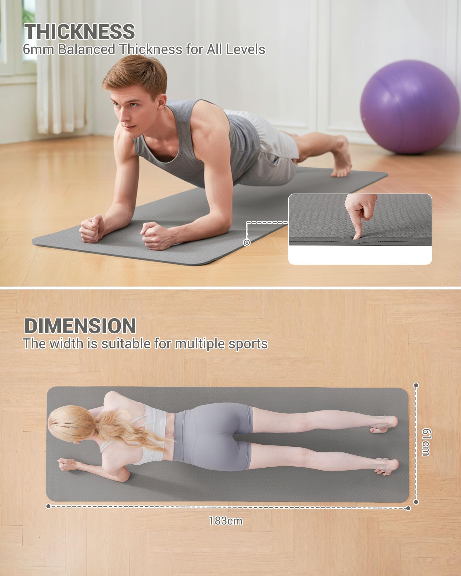 Good Nite Tappetino da ginnastica, yoga, fitness, antiscivolo, per allenamento, sport, turn, pilates, con tracolla, 183 x 61 x 0,6 cm