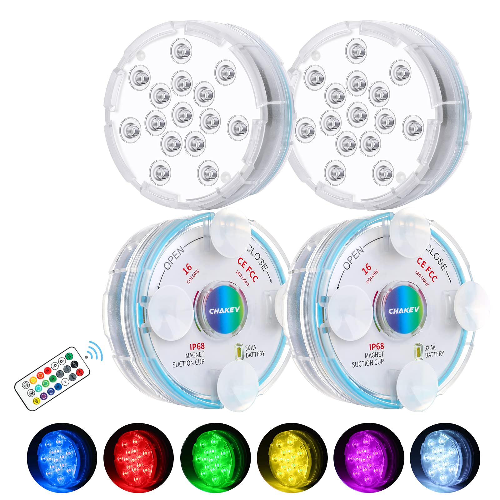 Chakev Submersible Led Pool Lights, 16 Colors Underwater Pond Lights with Remote, Waterproof Magnetic Bathtub Light with Suction Cup Hot Tub Light for Pond Fountain Aquariums Vase Garden Party 4 Pack